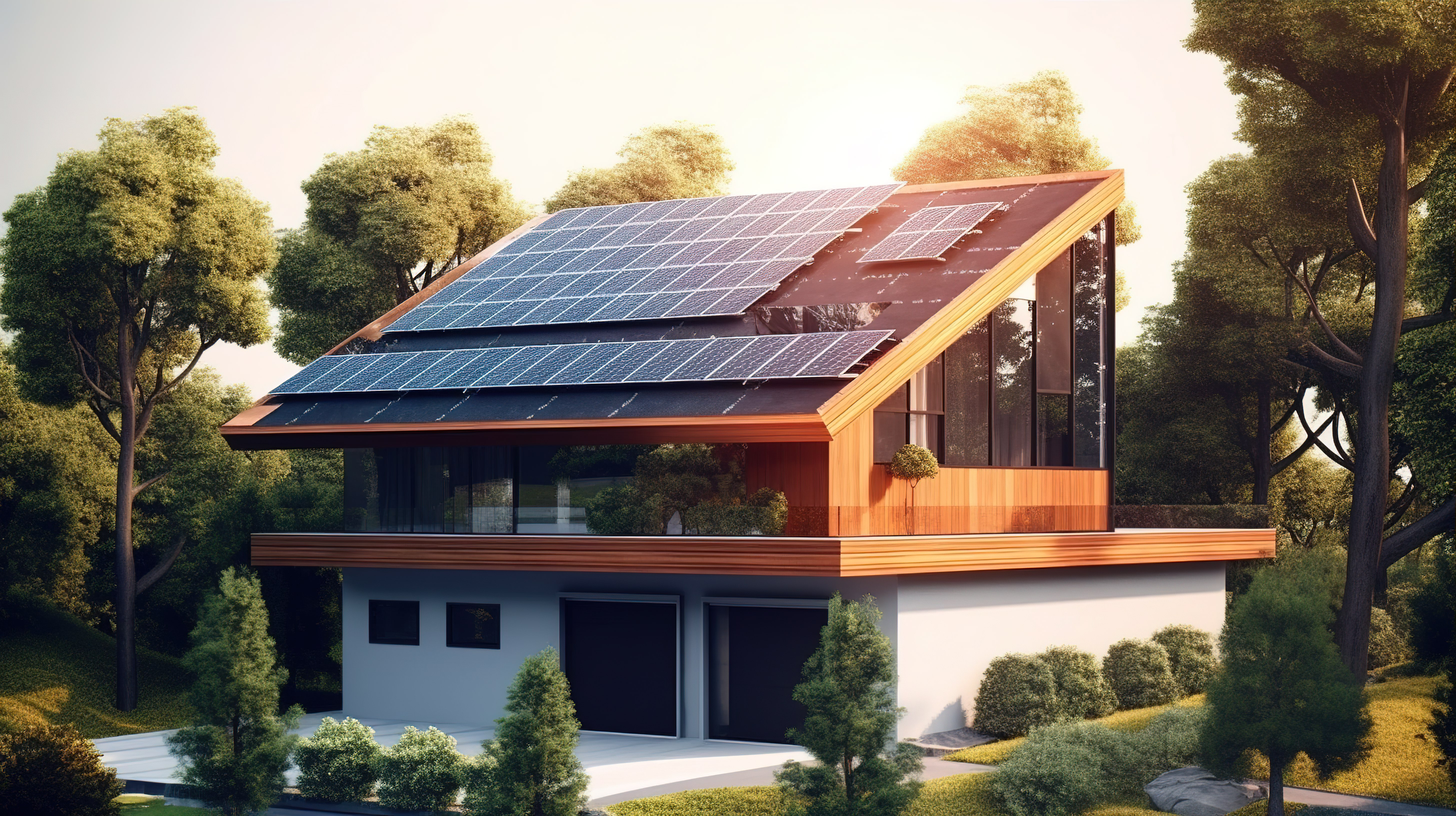 屋顶上有太阳能电池板的树框房屋的 3D 插图图片