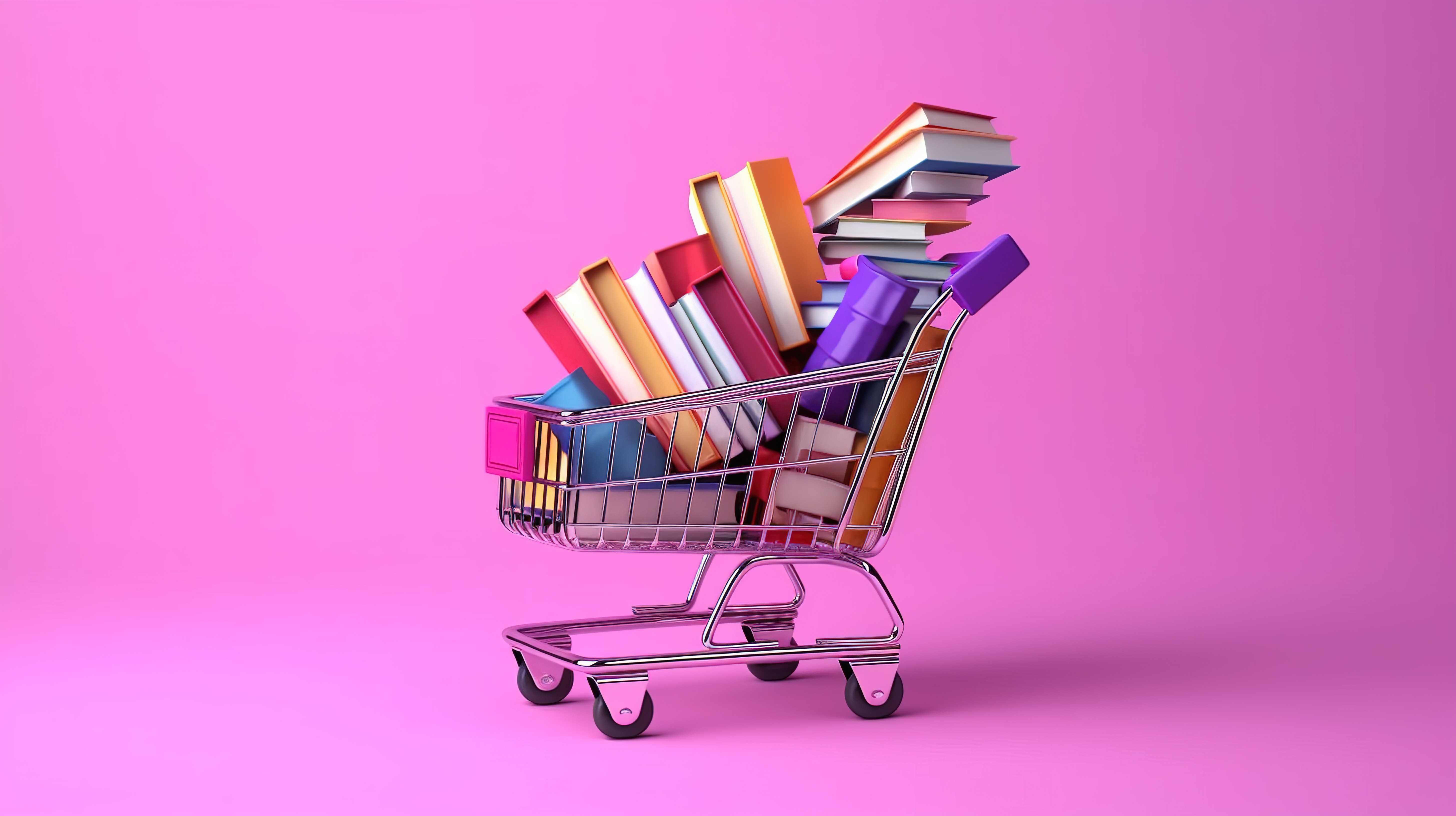 图书购物体验粉红色背景，3D 购物车中堆放书籍图片