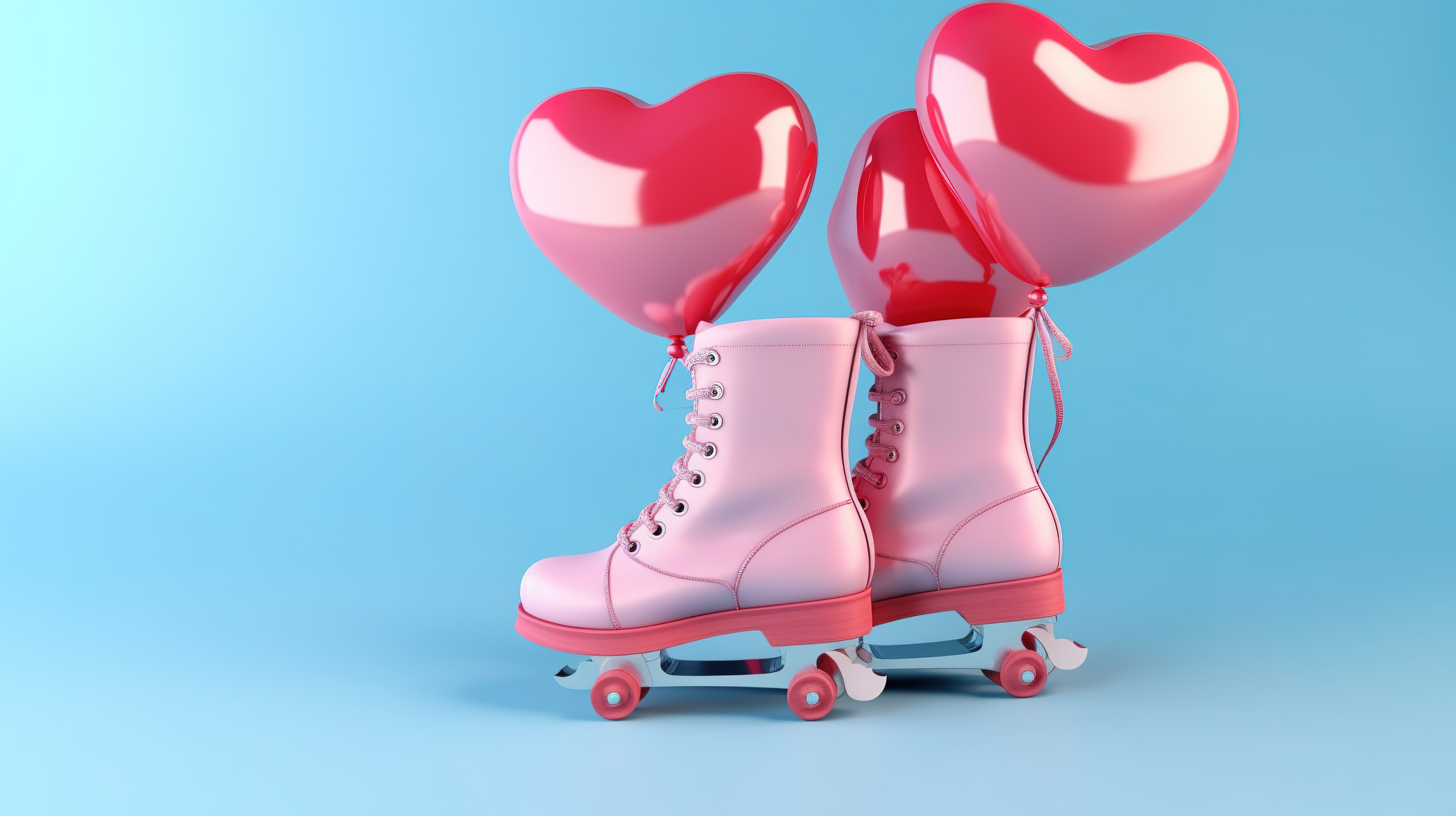 蓝色背景上带有粉色花样滑冰鞋的心形气球的 3D 插图图片