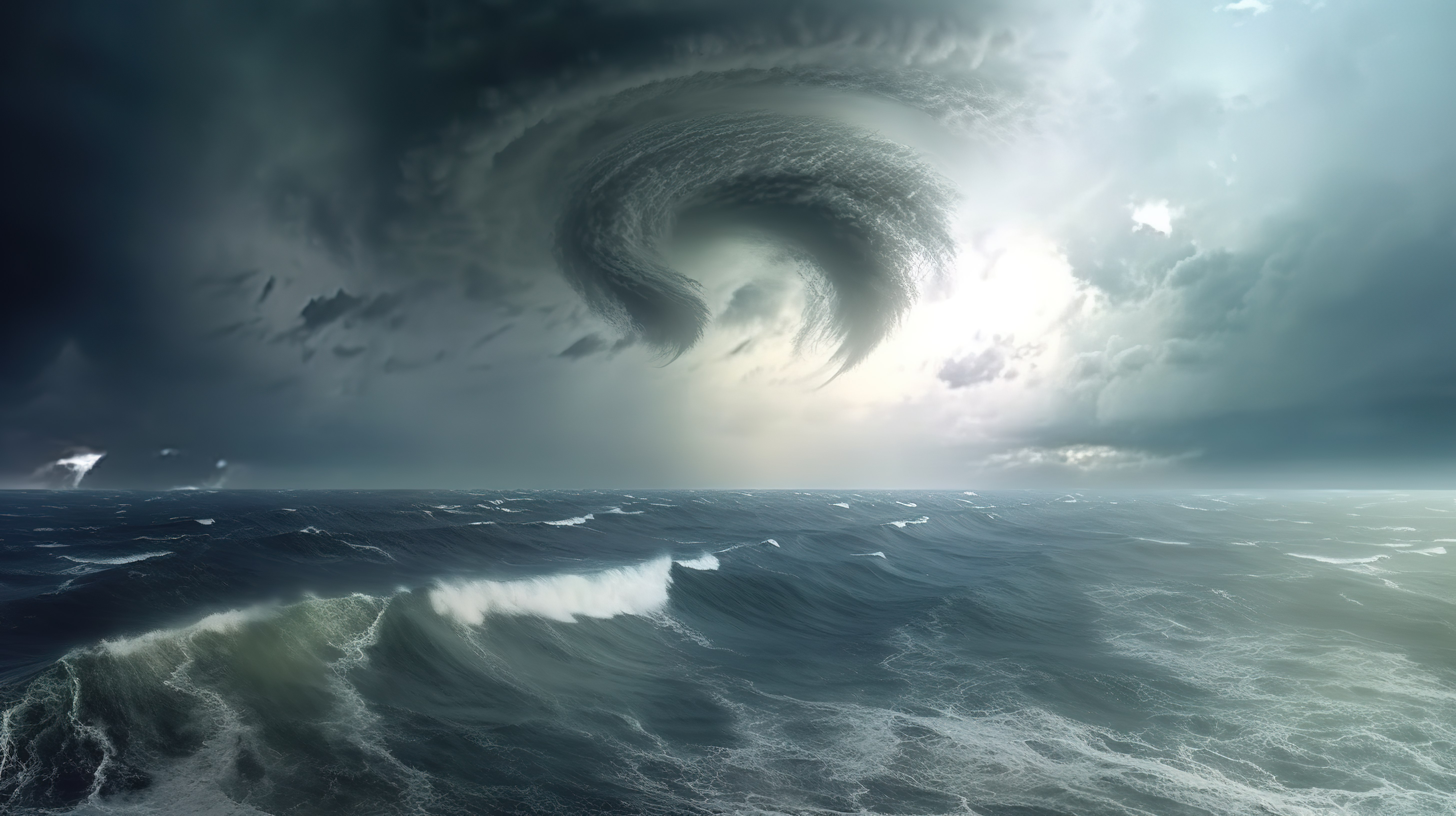 巨大的气旋，迷人的风暴和大风盘旋在海洋 3D 渲染上图片