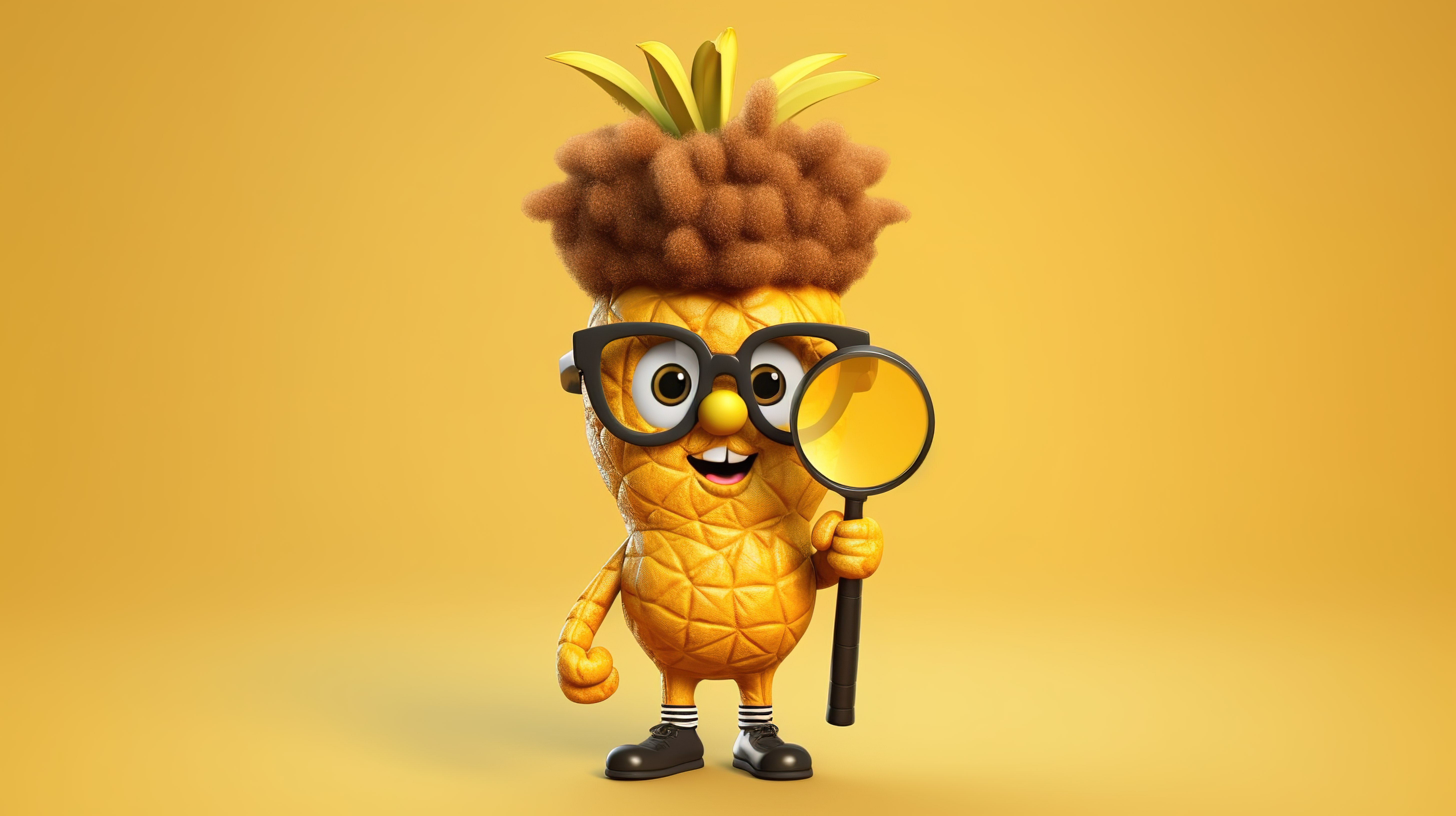 异想天开的时髦菠萝吉祥物，带有放大镜 3D，在阳光明媚的黄色背景上呈现图片