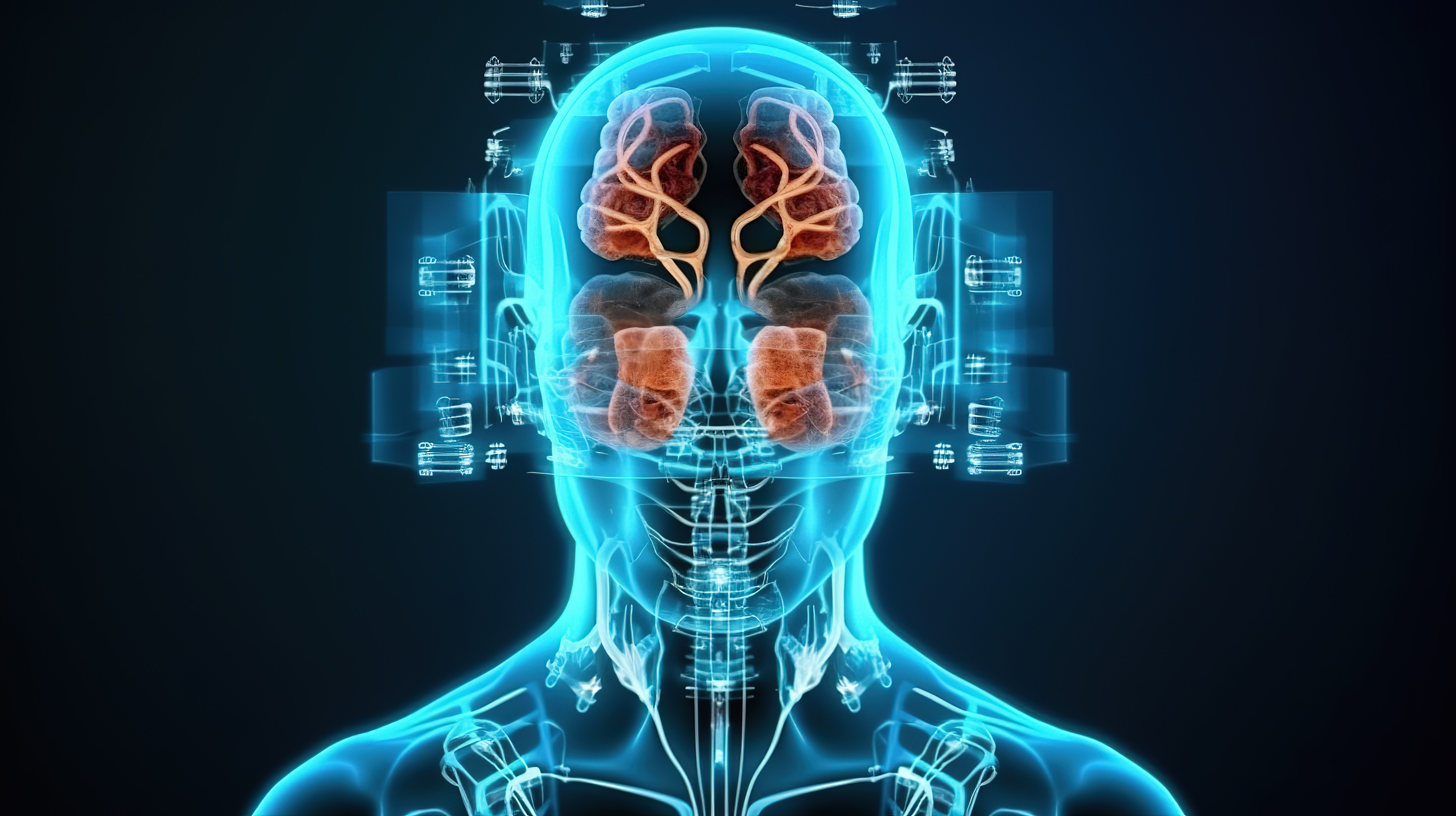 创新医疗技术 3D 渲染机器人利用图形显示分析大脑 X 射线图片