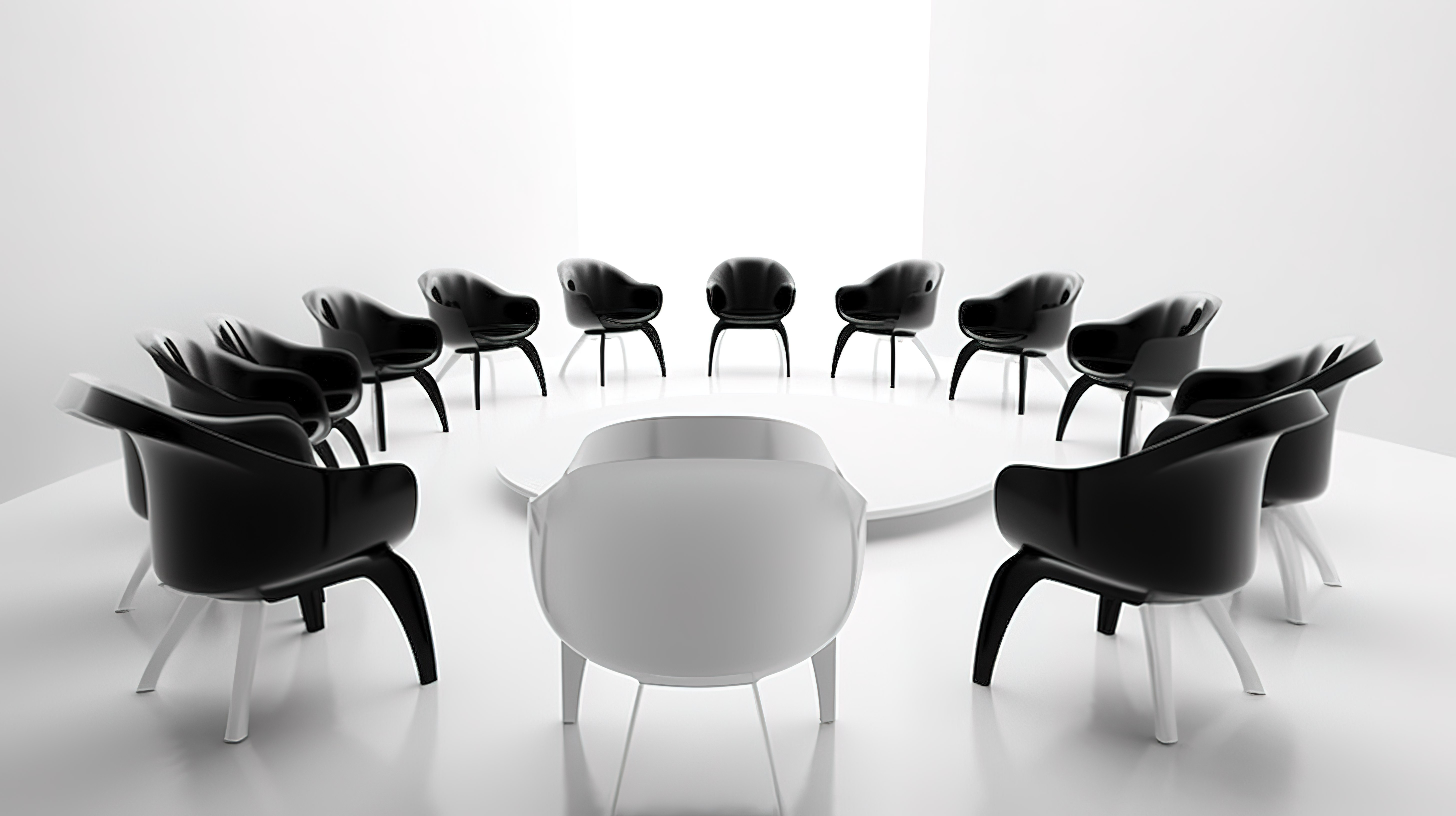 企业聚集白色背景，椅子和首席执行官座位呈圆形排列，以 3D 形式可视化图片
