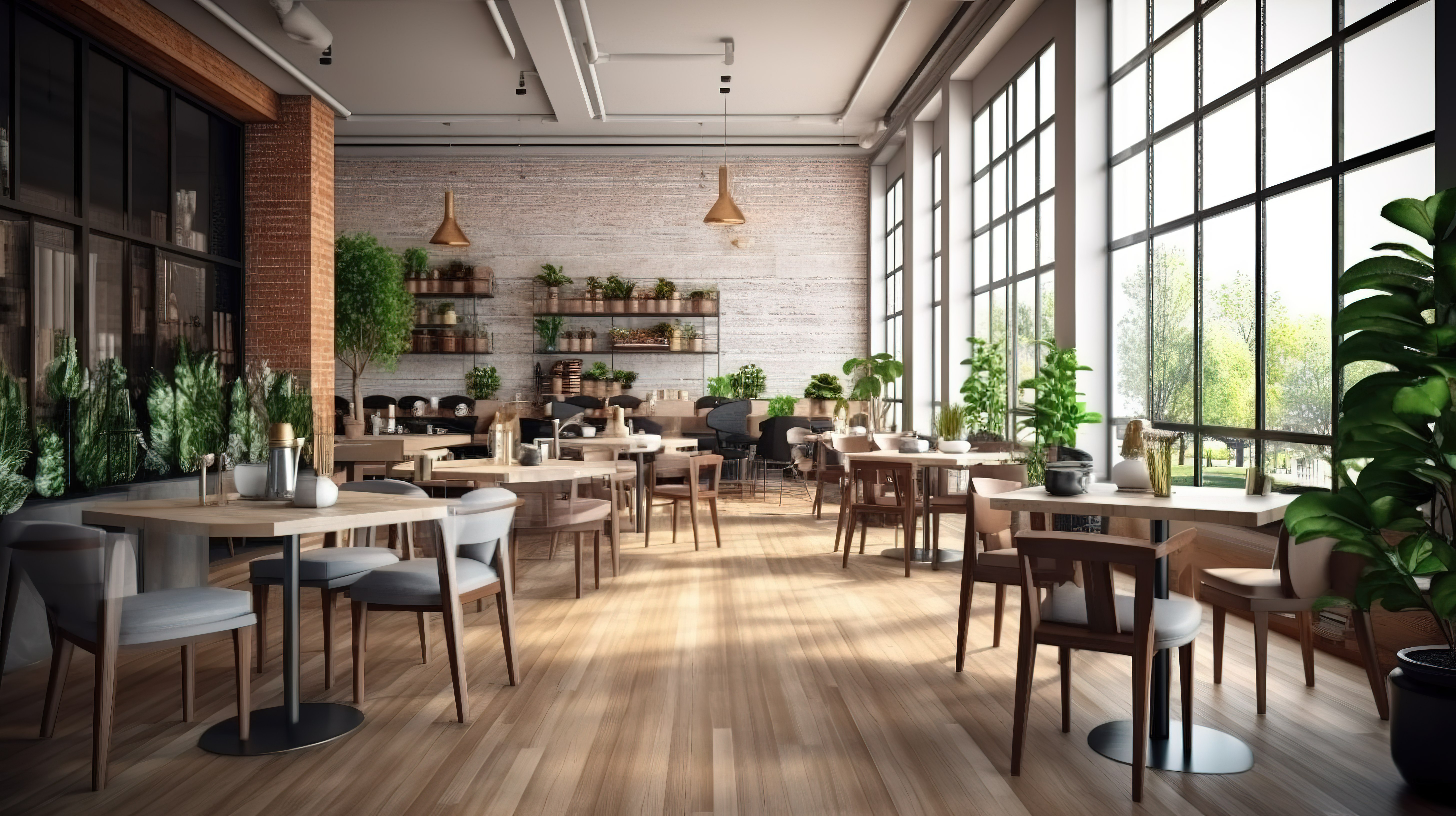 具有多功能工作区用餐区的咖啡馆的 3D 渲染图片