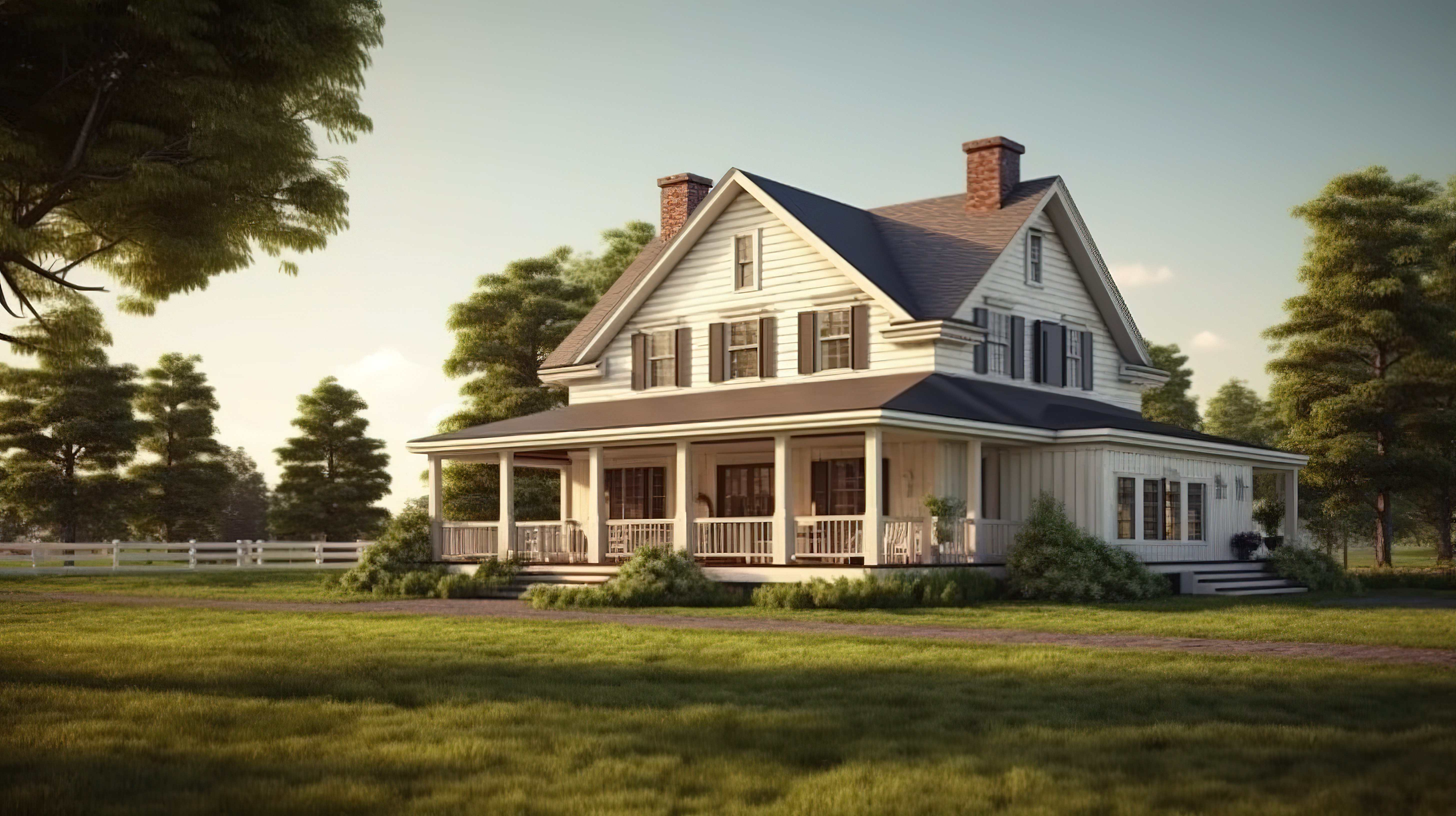 复古美国乡村住宅的 3D 渲染图片