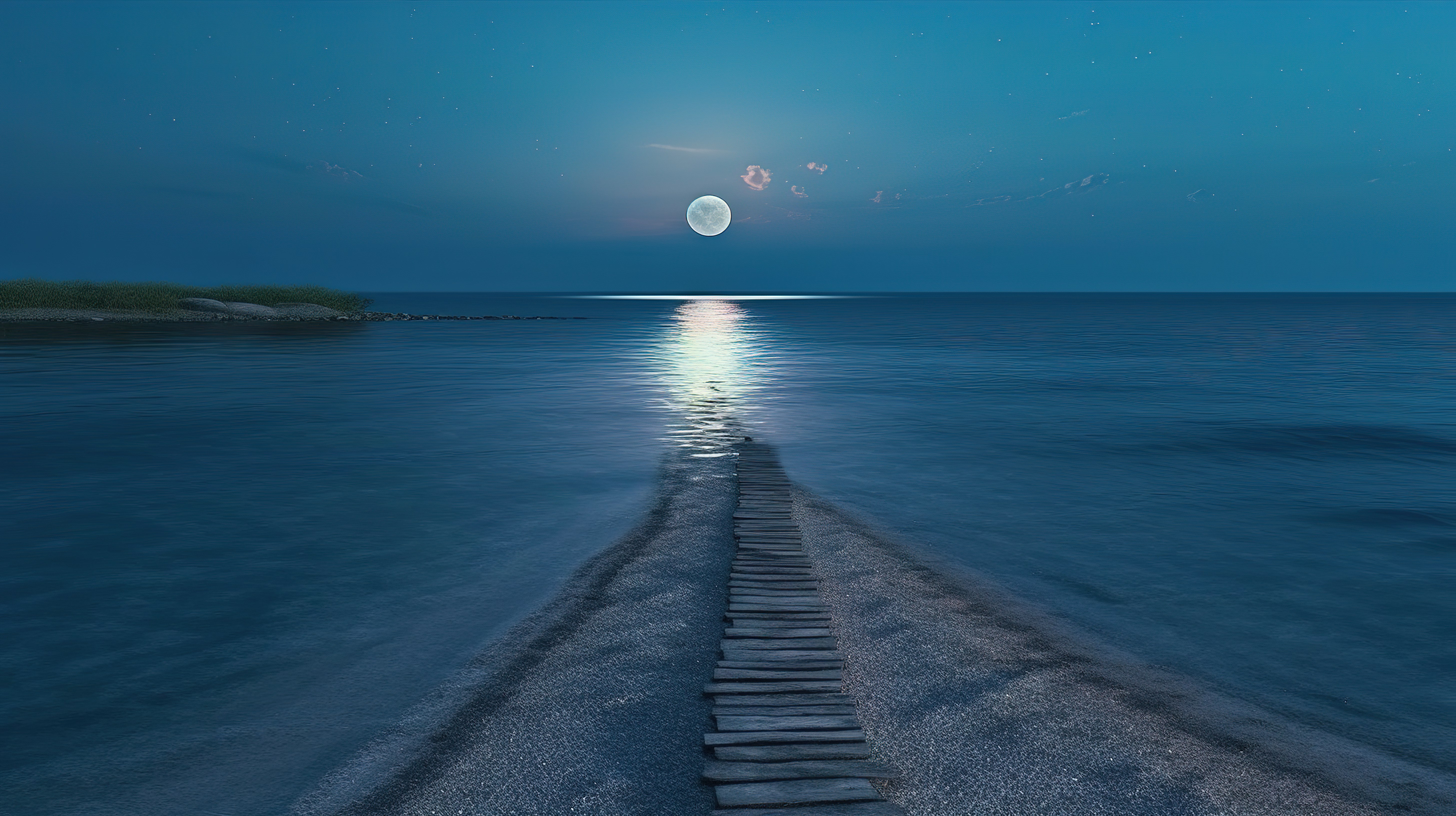 现实的 3D 插图，低满月照耀在月光下的海边小路上图片