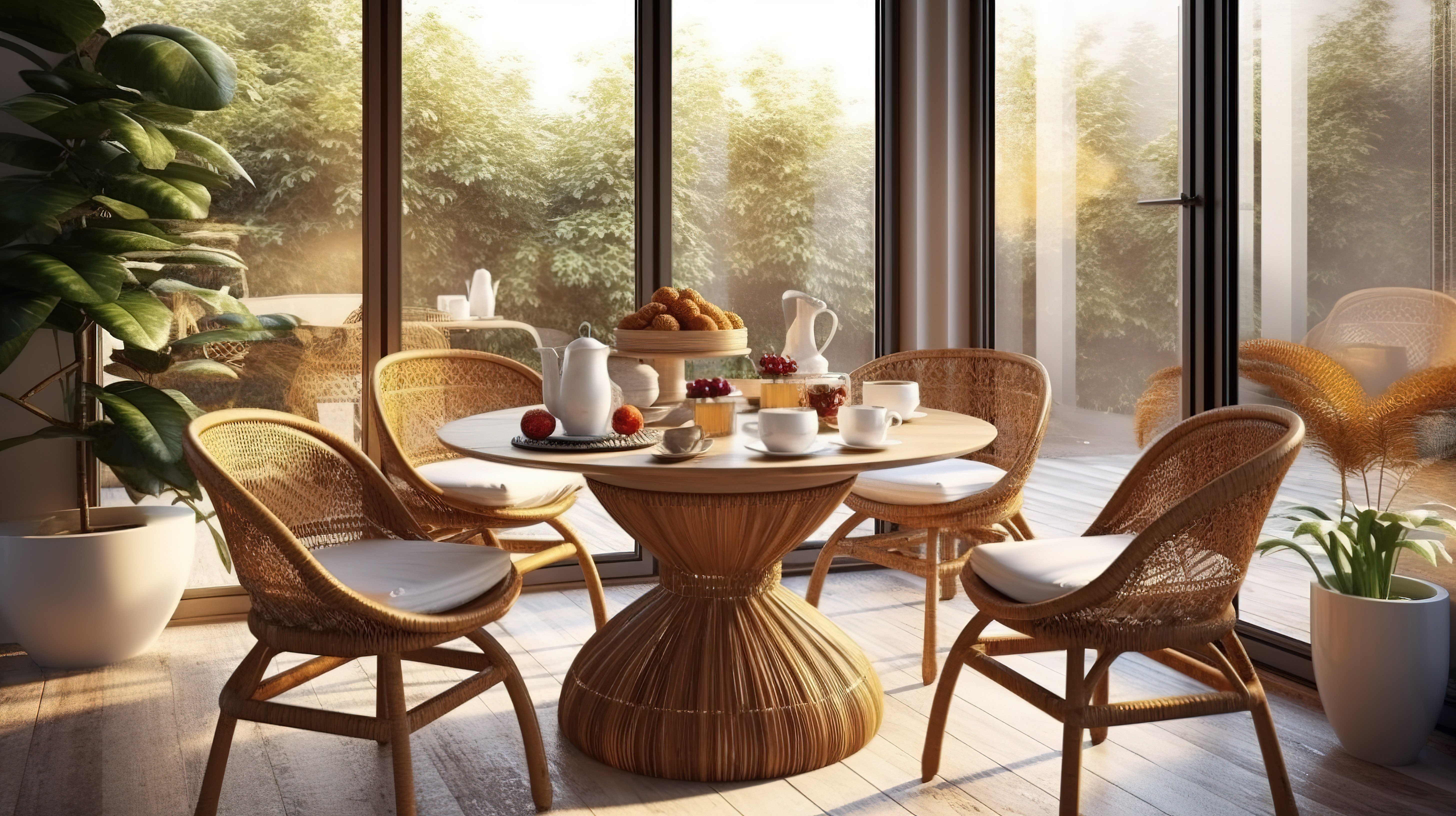 现代早餐区配有藤制家具和玻璃桌面 3D 渲染图片