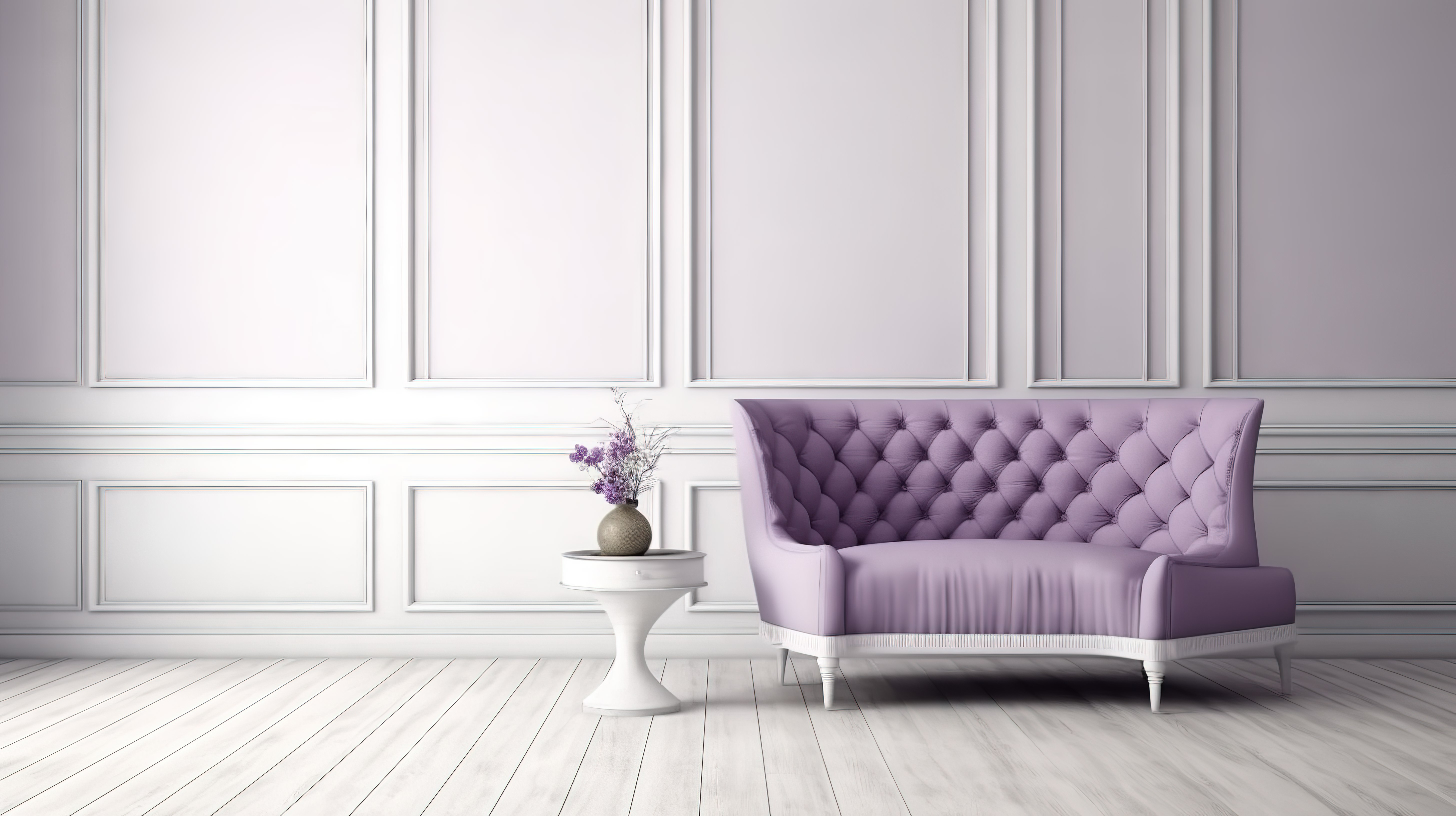 现代白色客厅的复古风格 3D 渲染，配有白色木板墙和带有紫色扶手椅的流行色彩图片