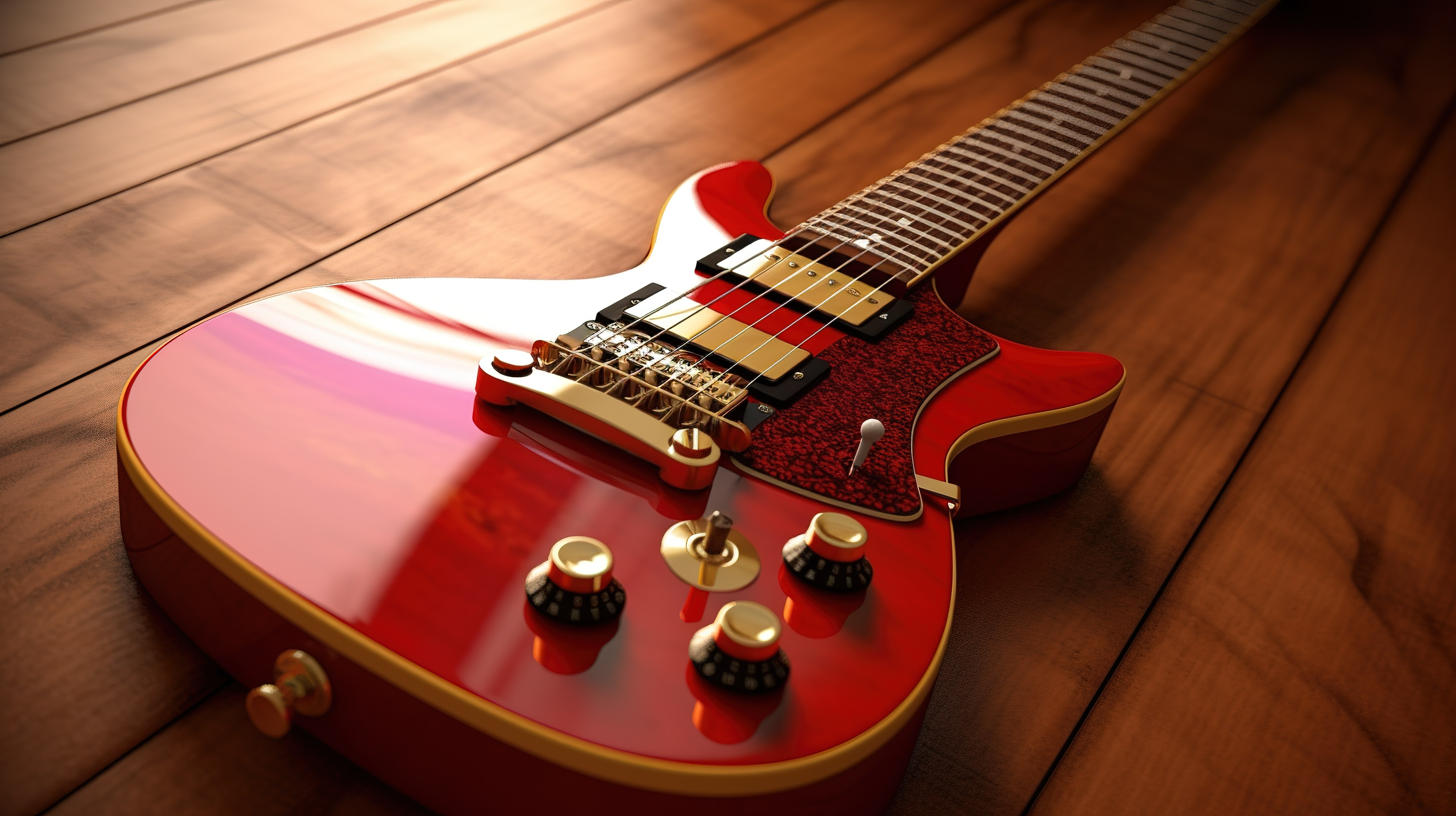 令人惊叹的复古风格红色电吉他通过 3D 渲染呈现在木桌上图片