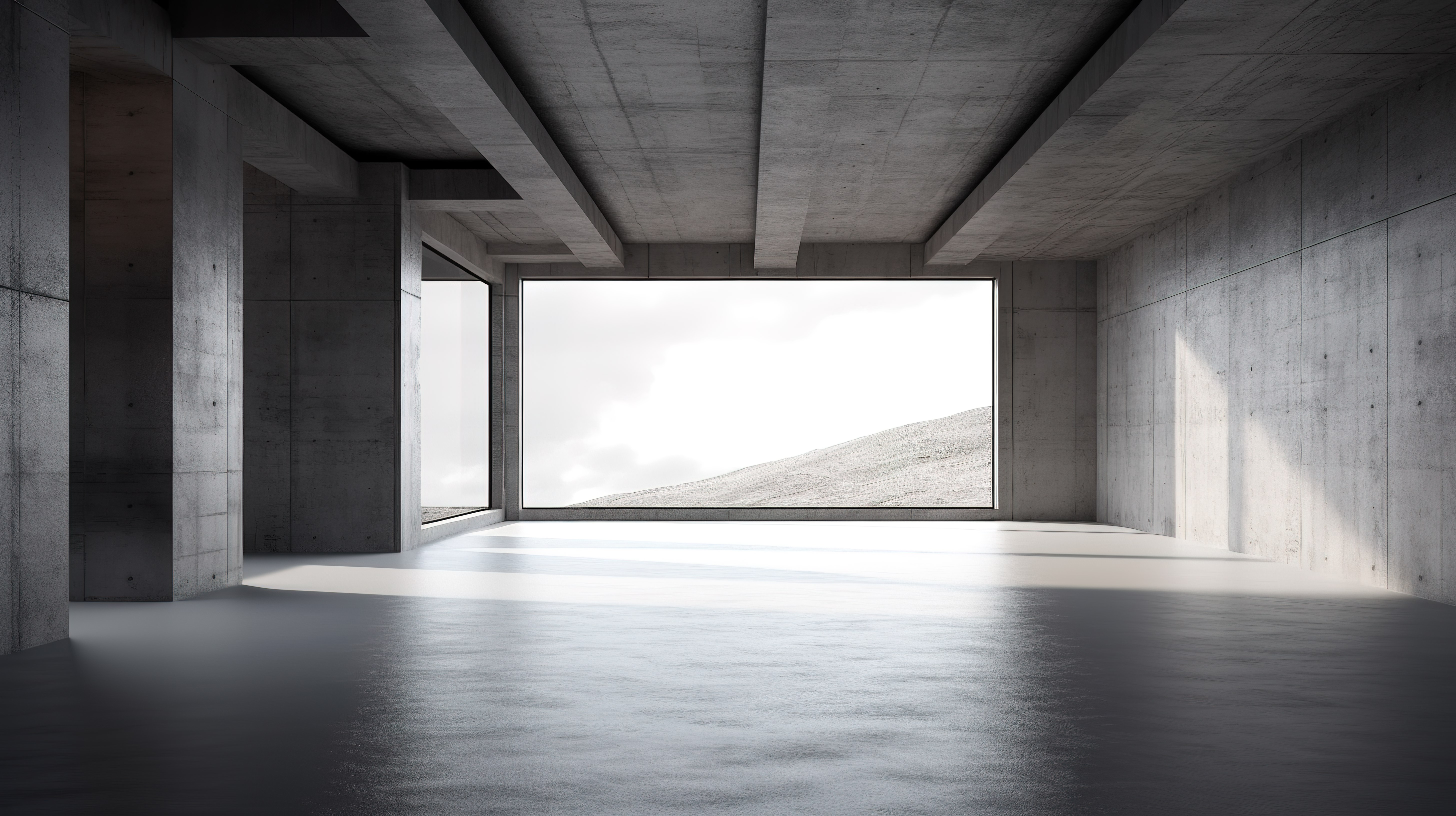 极简主义混凝土房间内部，具有丰富的负空间，未来派建筑设计 3D 渲染图片