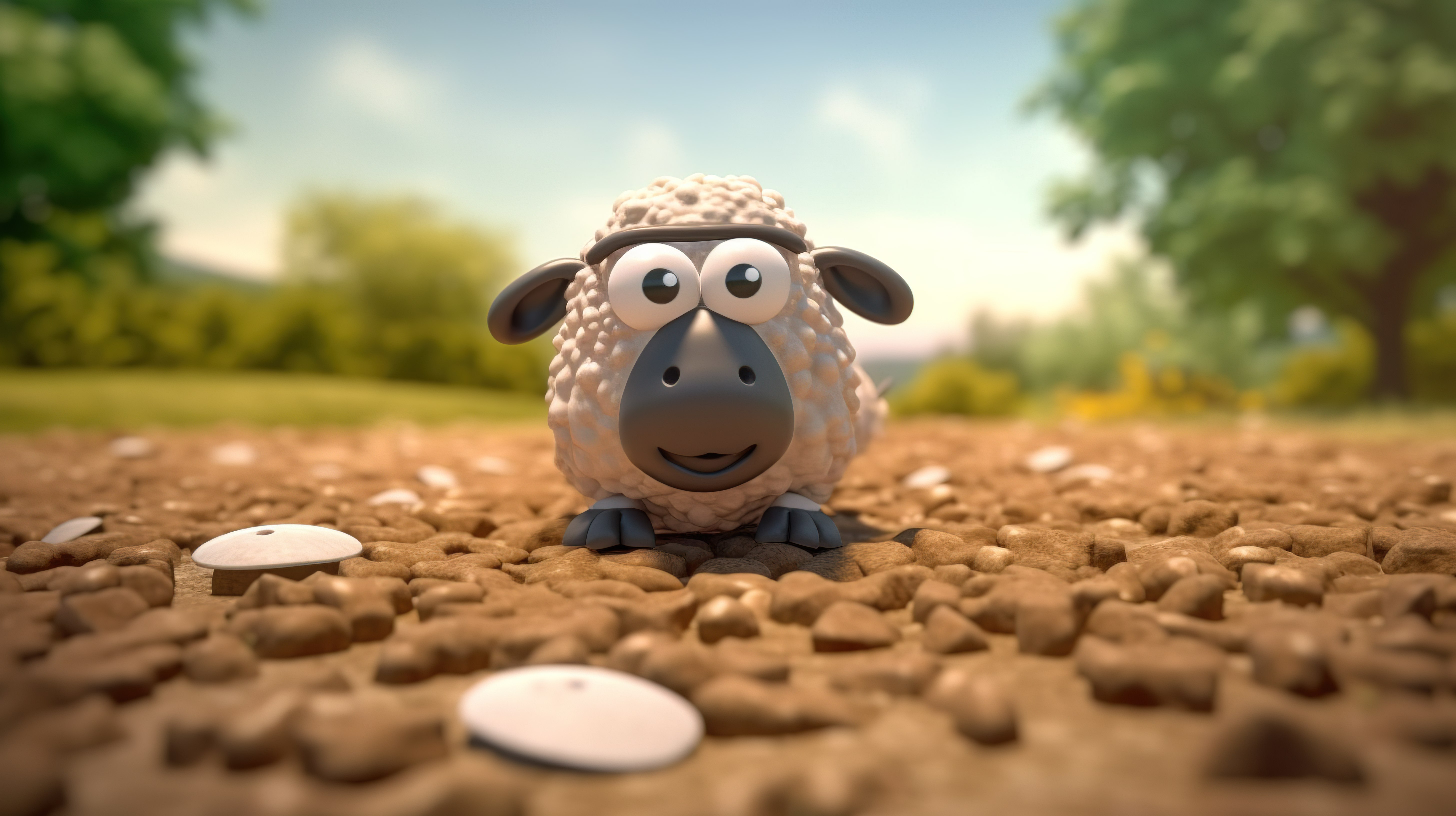 可爱的卡通羊在 3D 渲染的仙境中嬉戏图片