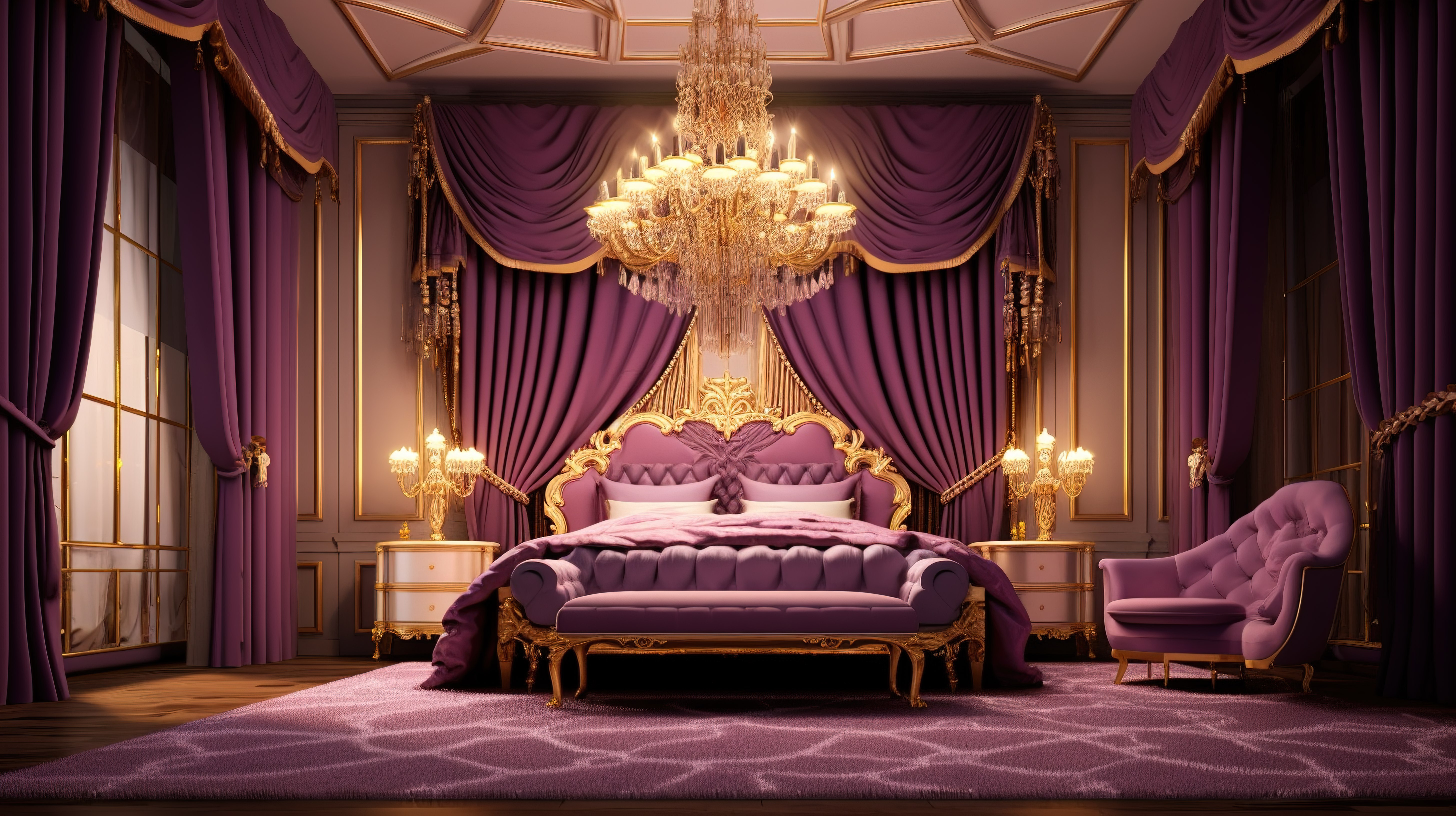 豪华紫色色调卧室的 3D 插图，配有华丽的金色家具四张海报床和吊灯图片