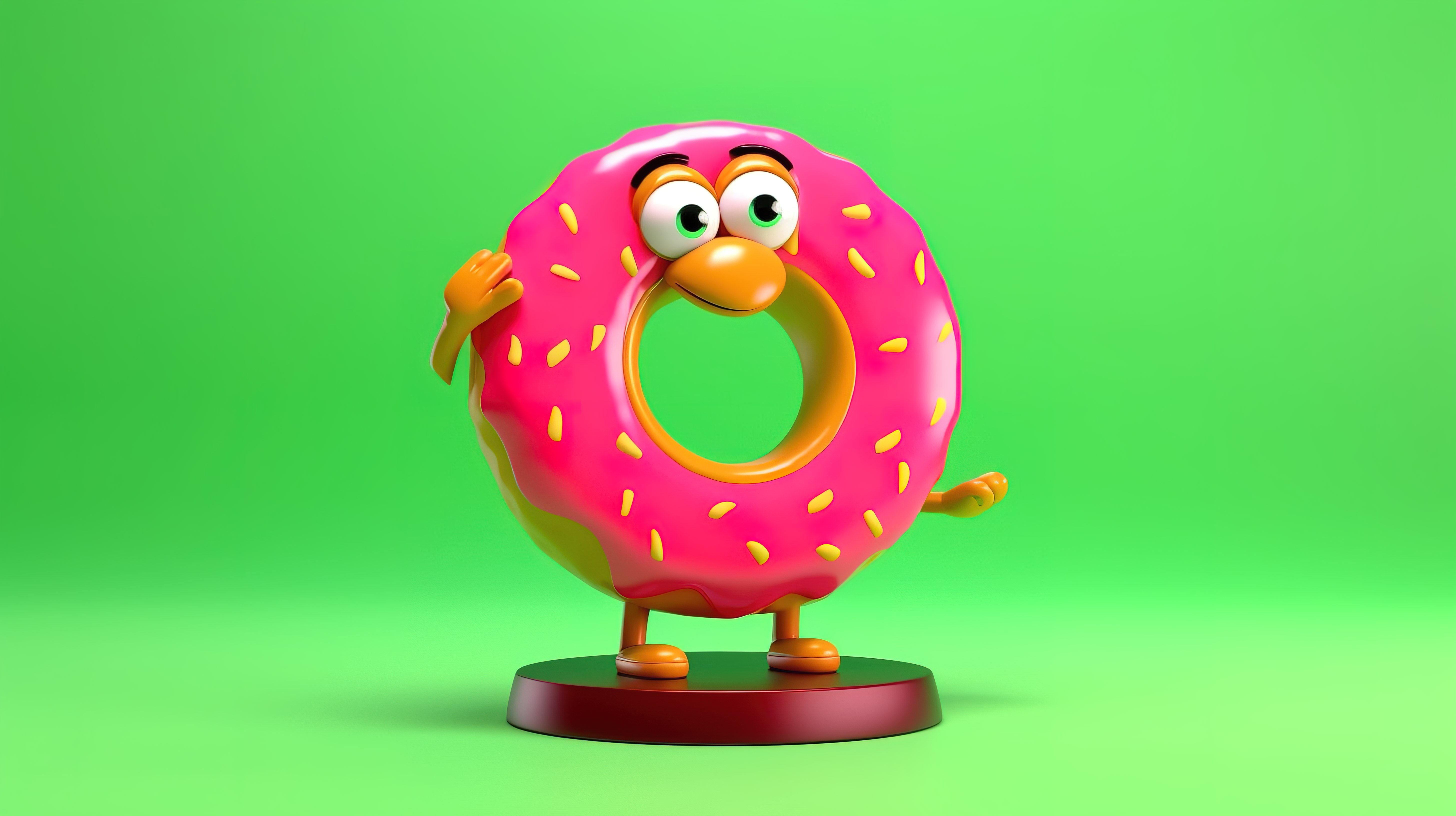 3D 渲染的一个大粉红色釉面草莓甜甜圈的吉祥物，在阳光明媚的黄色背景下设有交通绿灯图片