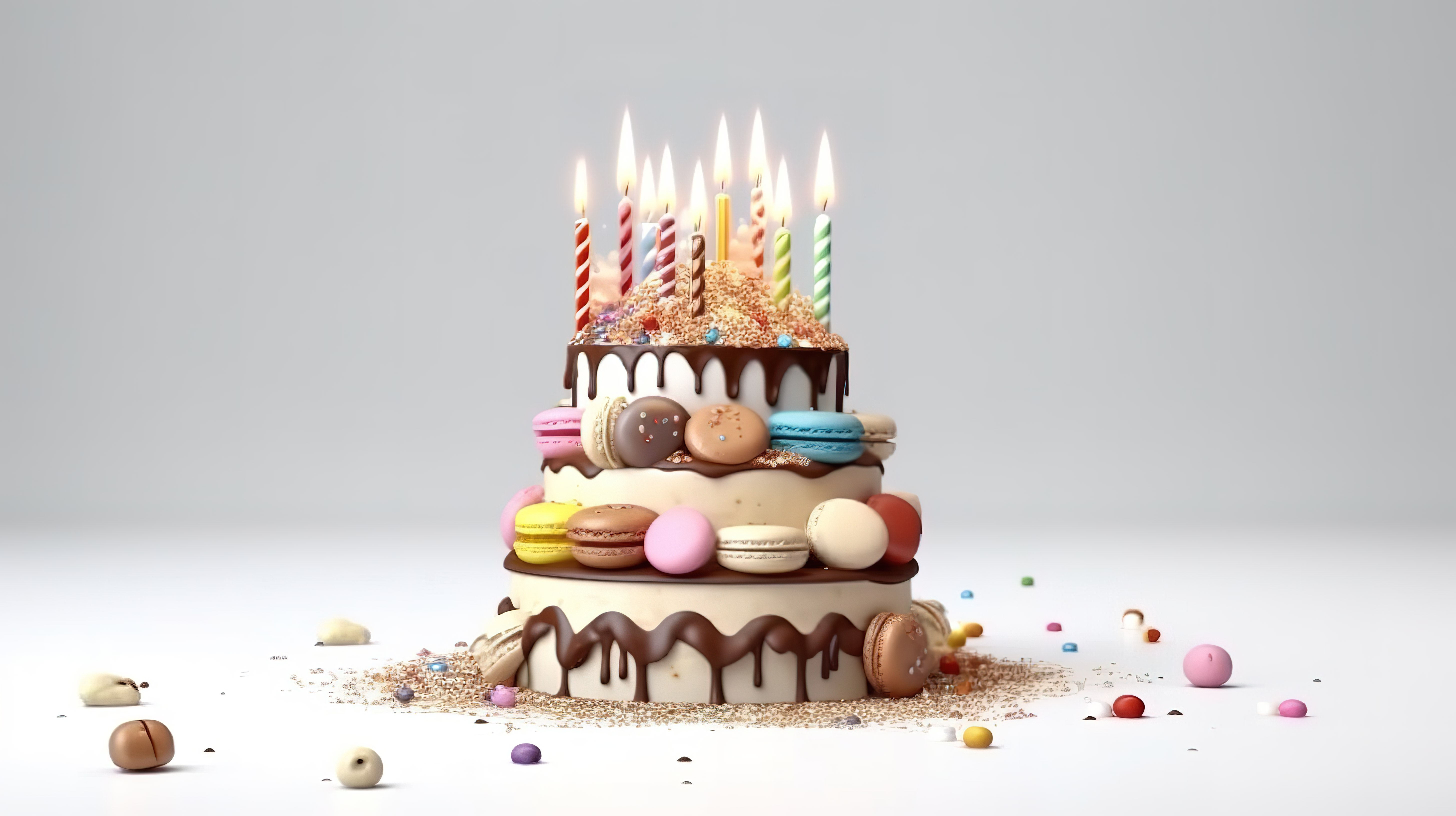 白色背景上带有分层甜点和蜡烛的卡通生日蛋糕的 3D 渲染图片