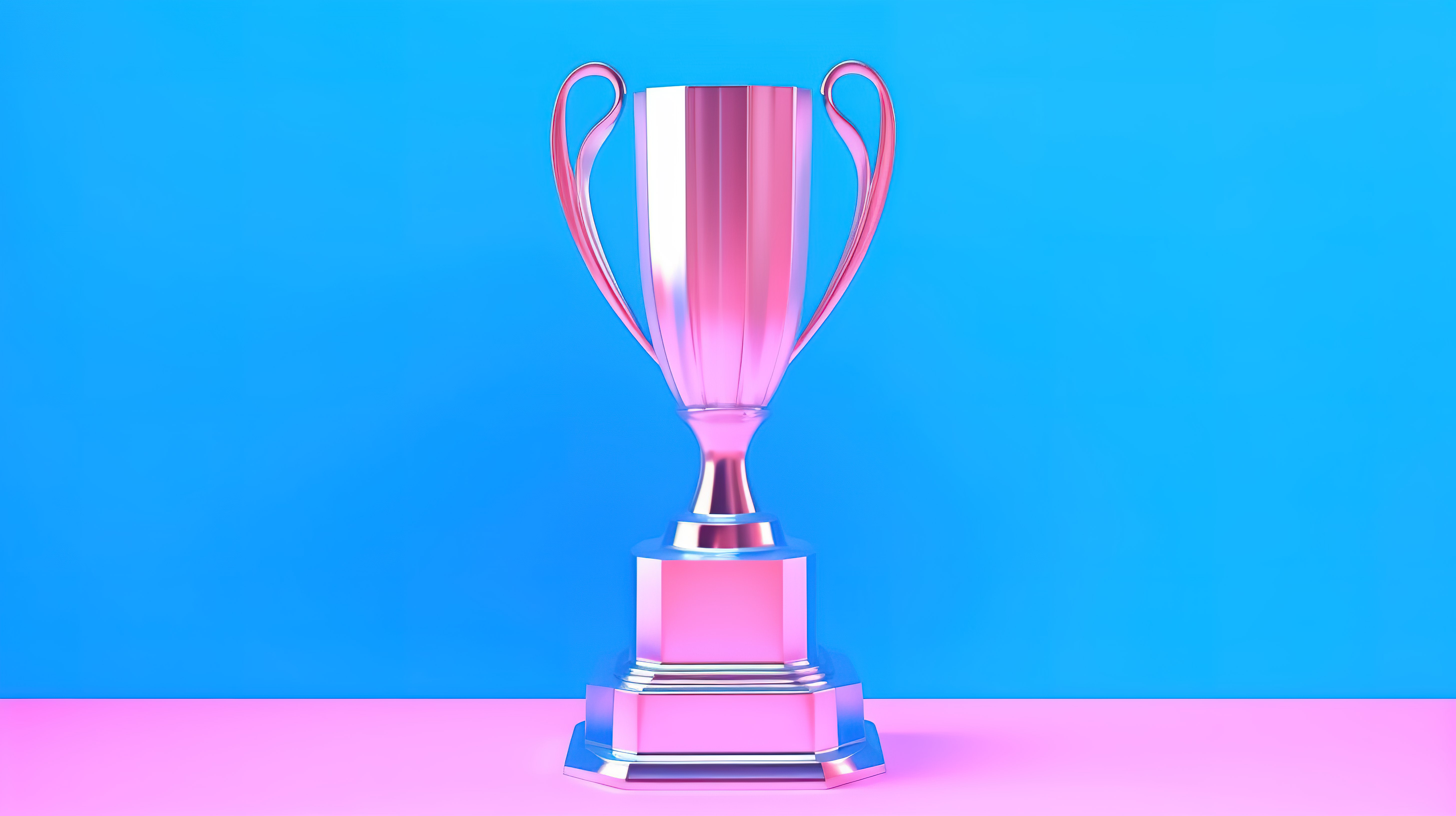 粉红色背景与双色调风格的蓝色运动奖杯奖以 3D 渲染图片