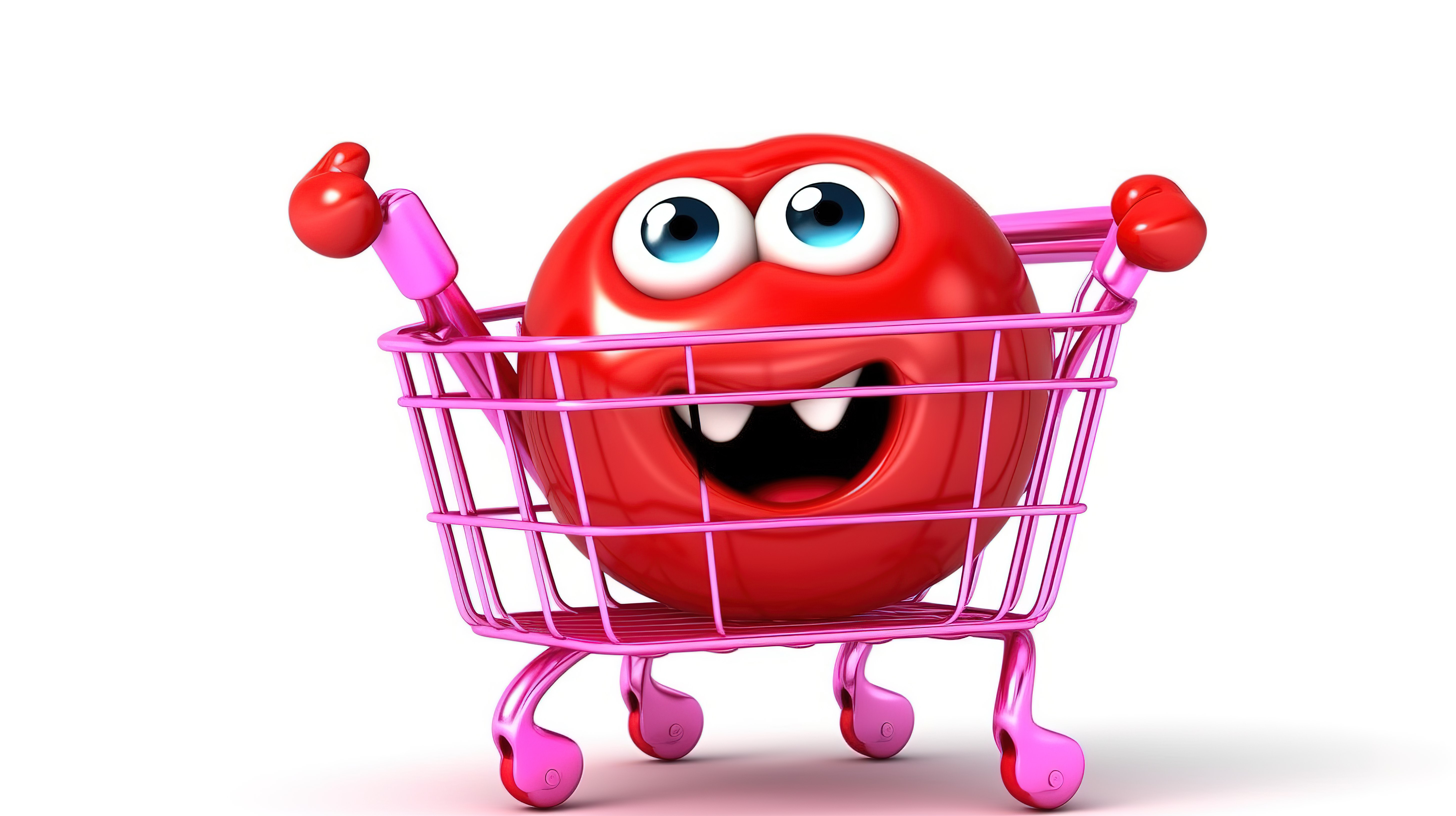 购物吉祥物的 3D 渲染，穿着粉色釉面草莓甜甜圈，在白色背景上推着购物车图片
