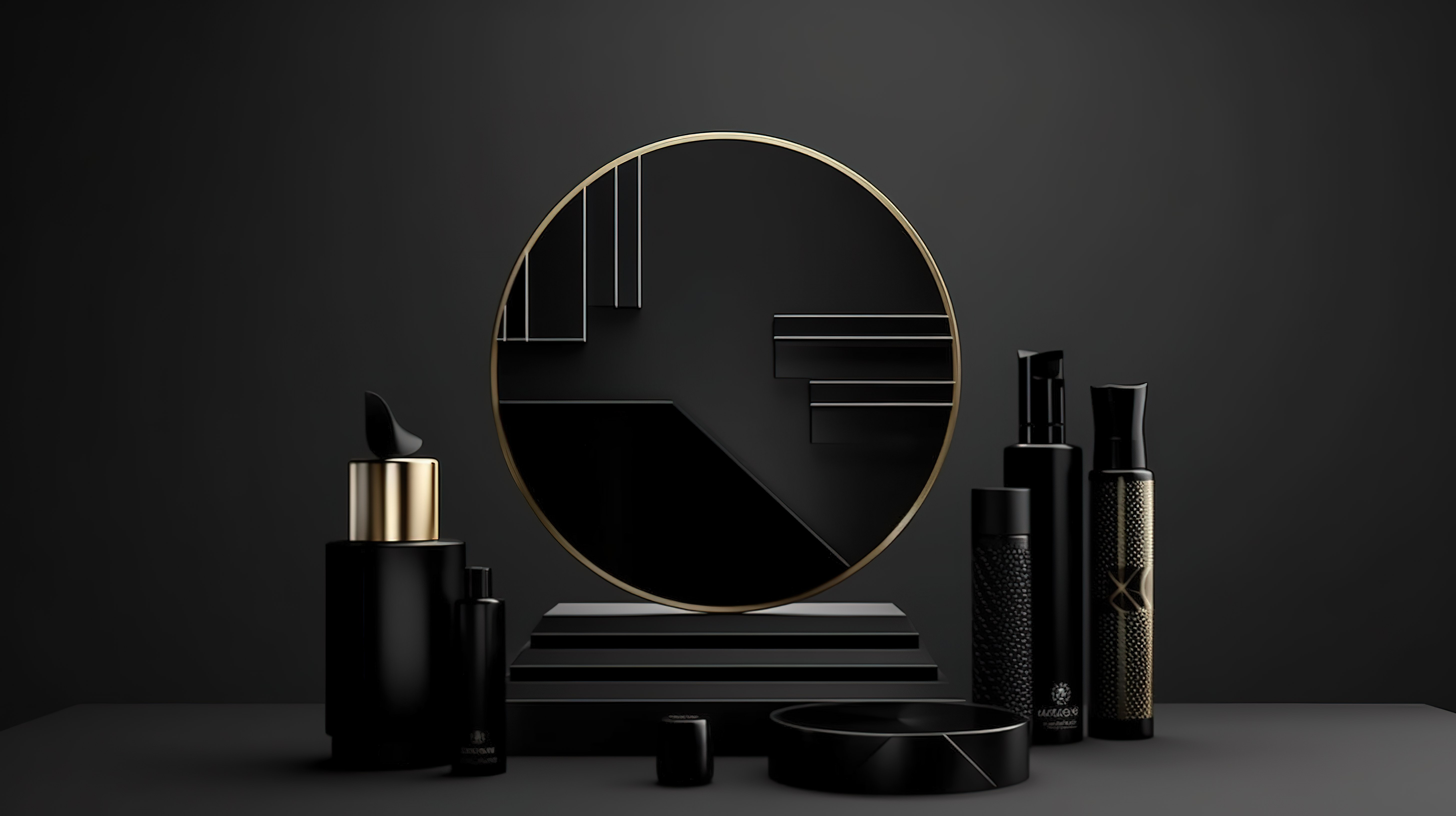 纯黑色背景 3D 渲染上显示的时尚化妆品讲台图片