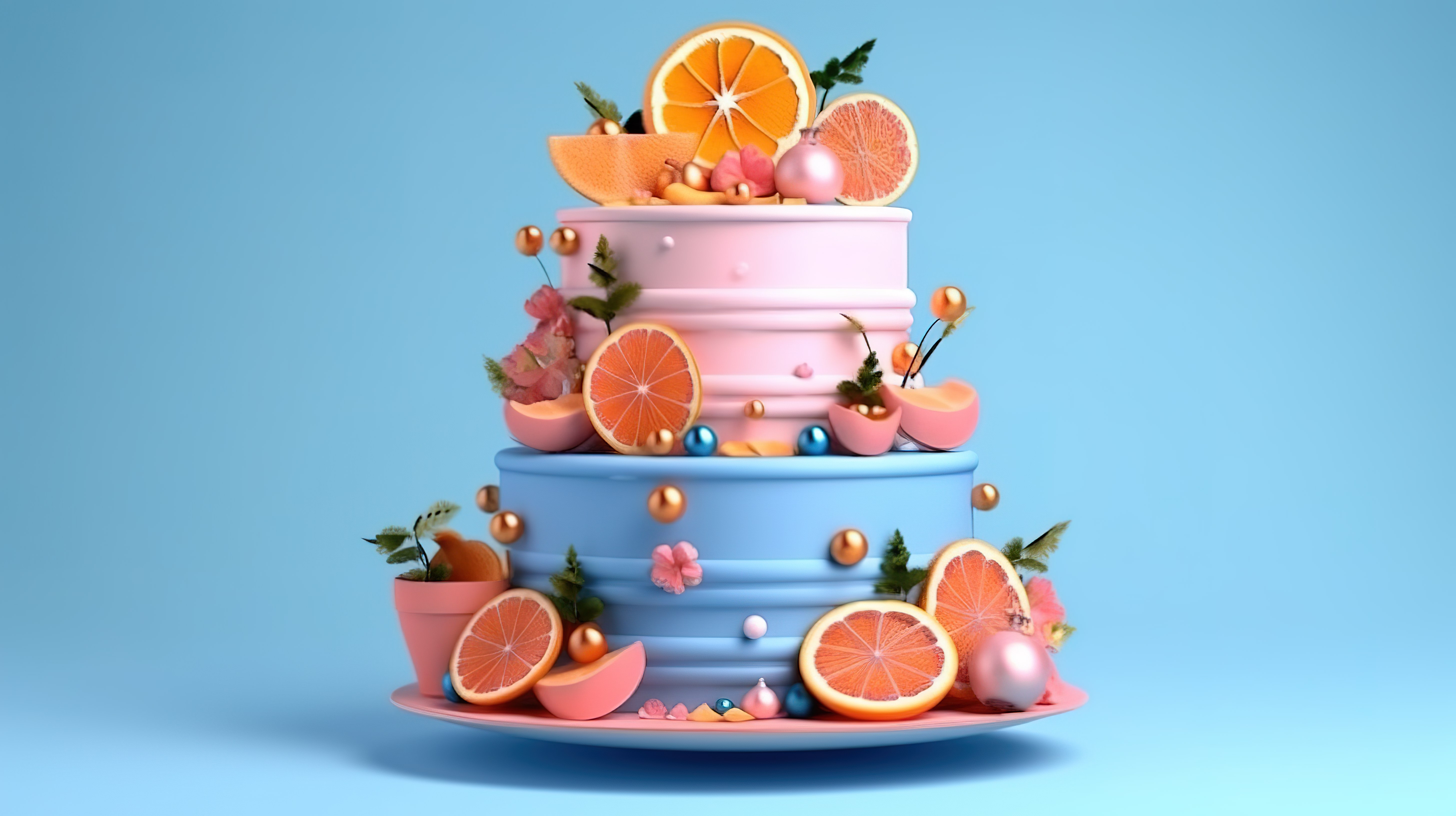 粉红色背景上带有 3D 橙色水果装饰的蓝色圣诞蛋糕图片