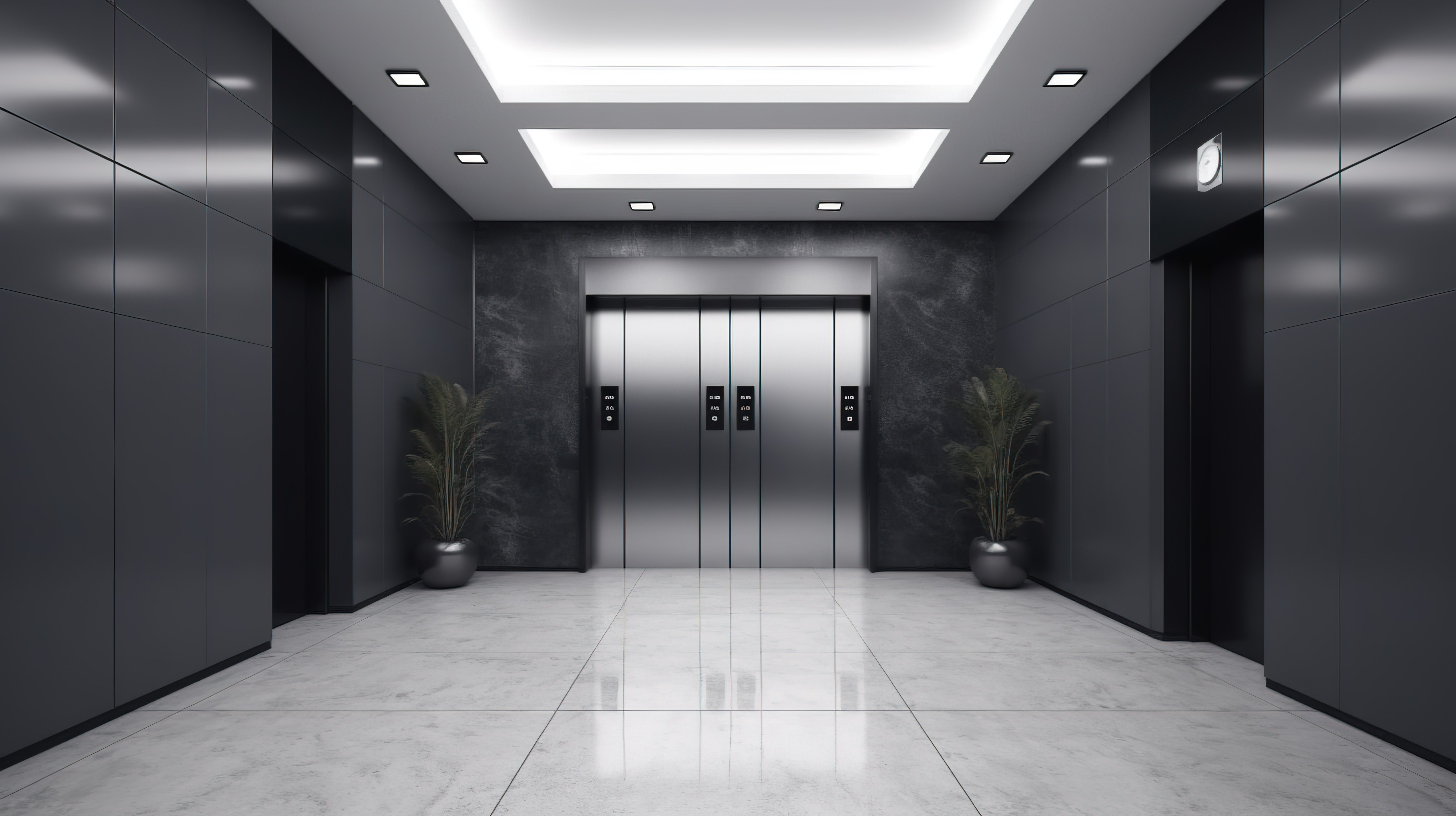 从侧面 3D 渲染看到的内部办公空间中故障电梯旁边的空标志图片