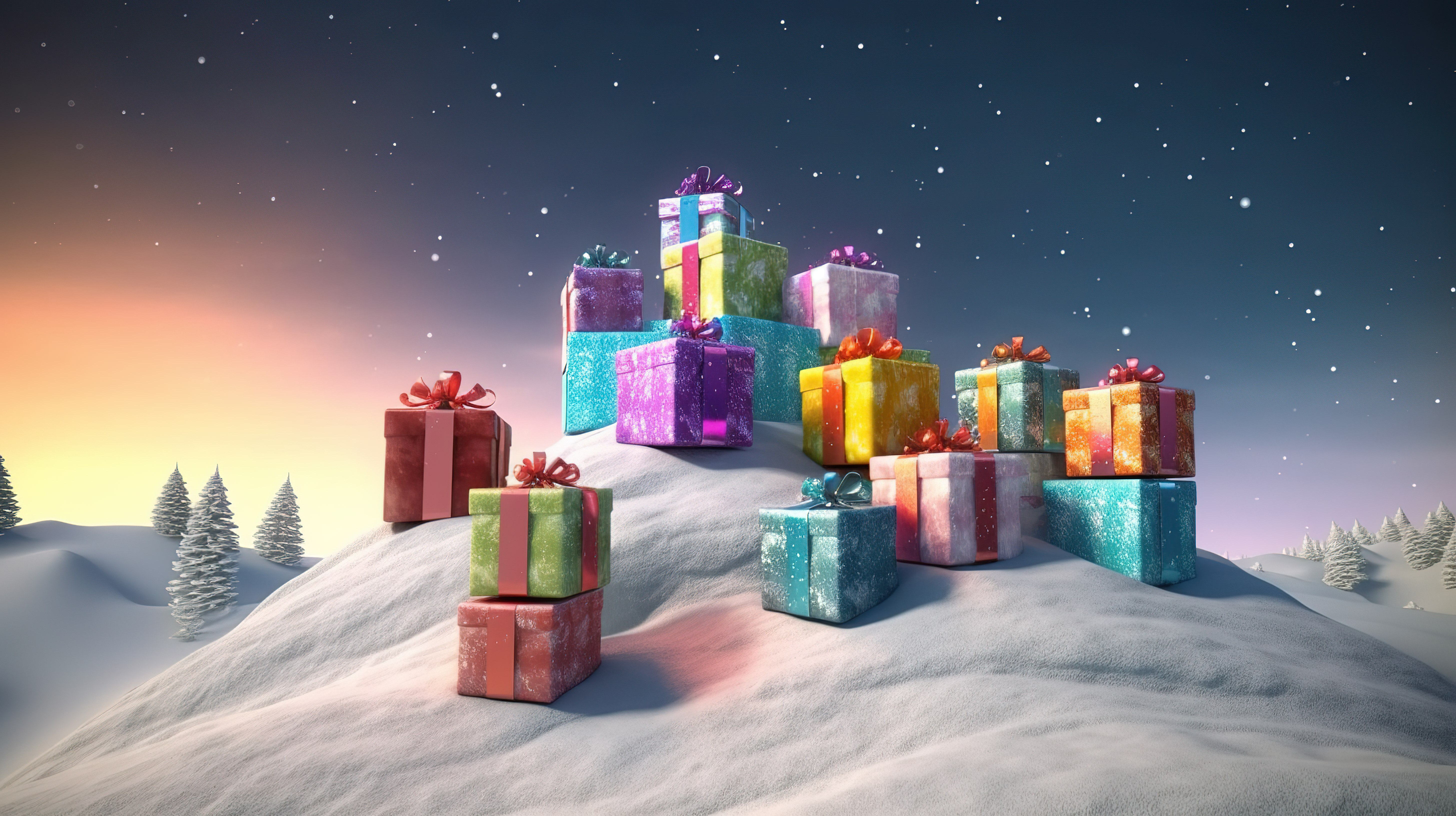 满月下山上降雪中的 3D 渲染场景充满活力的礼品盒图片