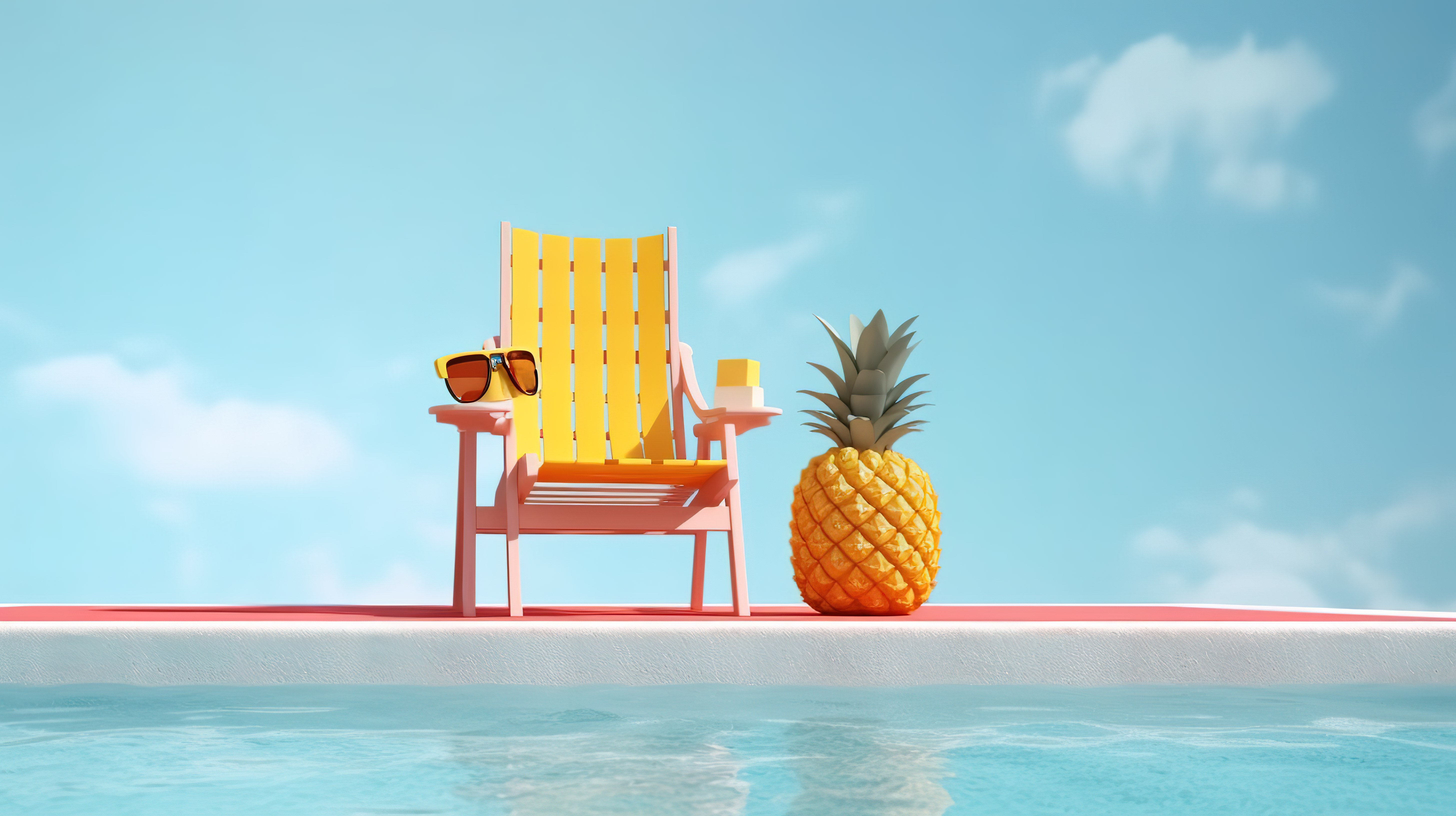 泳池中值班的救生员周围环绕着菠萝的热带氛围和椅子上的太阳镜 3D 插图与复制空间图片