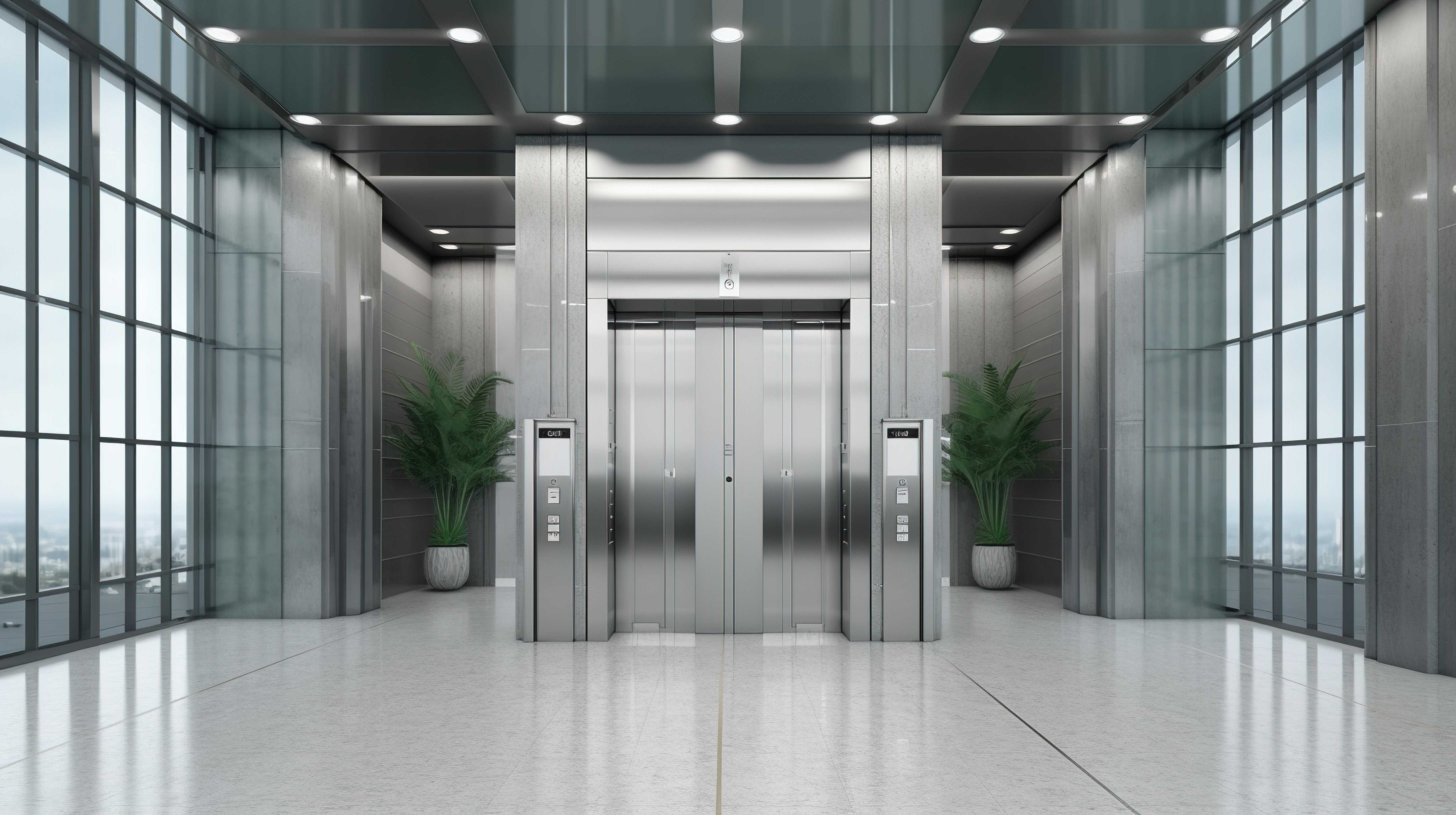 办公楼内带金属门和空白广告牌海报的现代电梯的特写 3D 渲染图片