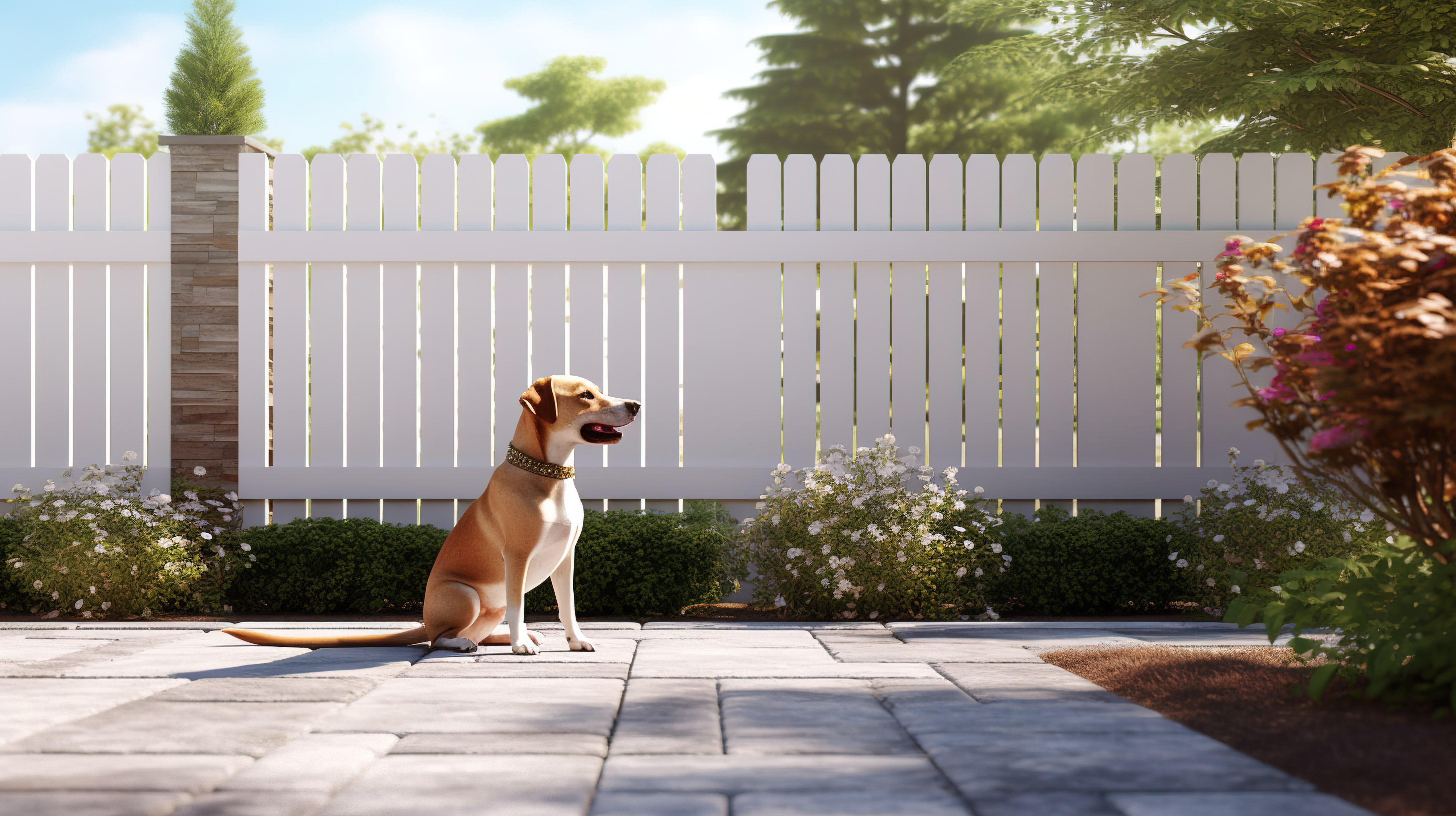 3D 渲染中，狗在白色栅栏旁边的花园小路上漫步图片
