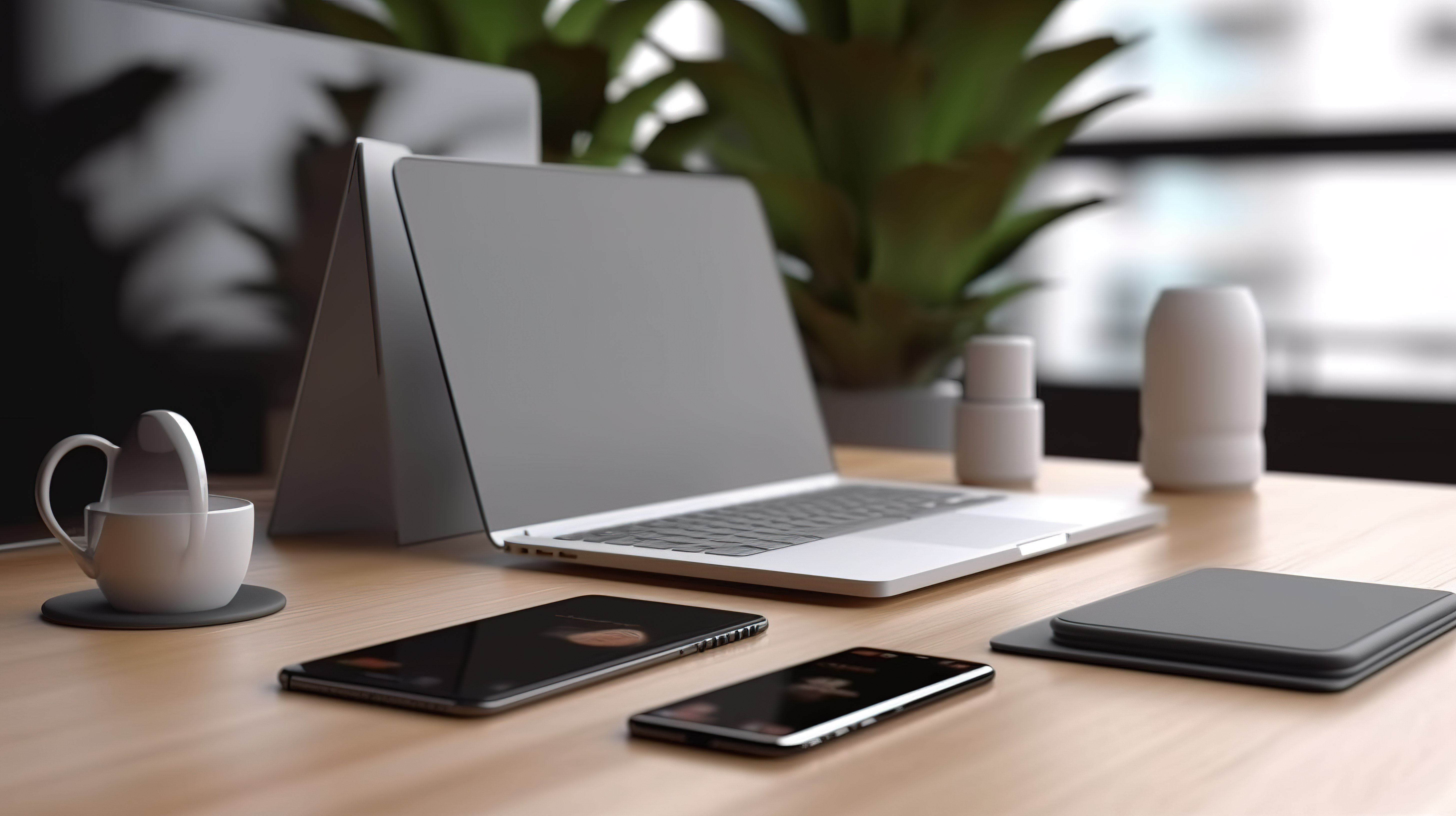 灰色办公室桌面的 3D 渲染，具有智能手机记事本和笔记本电脑的特写视图，屏幕上的模型模糊图片