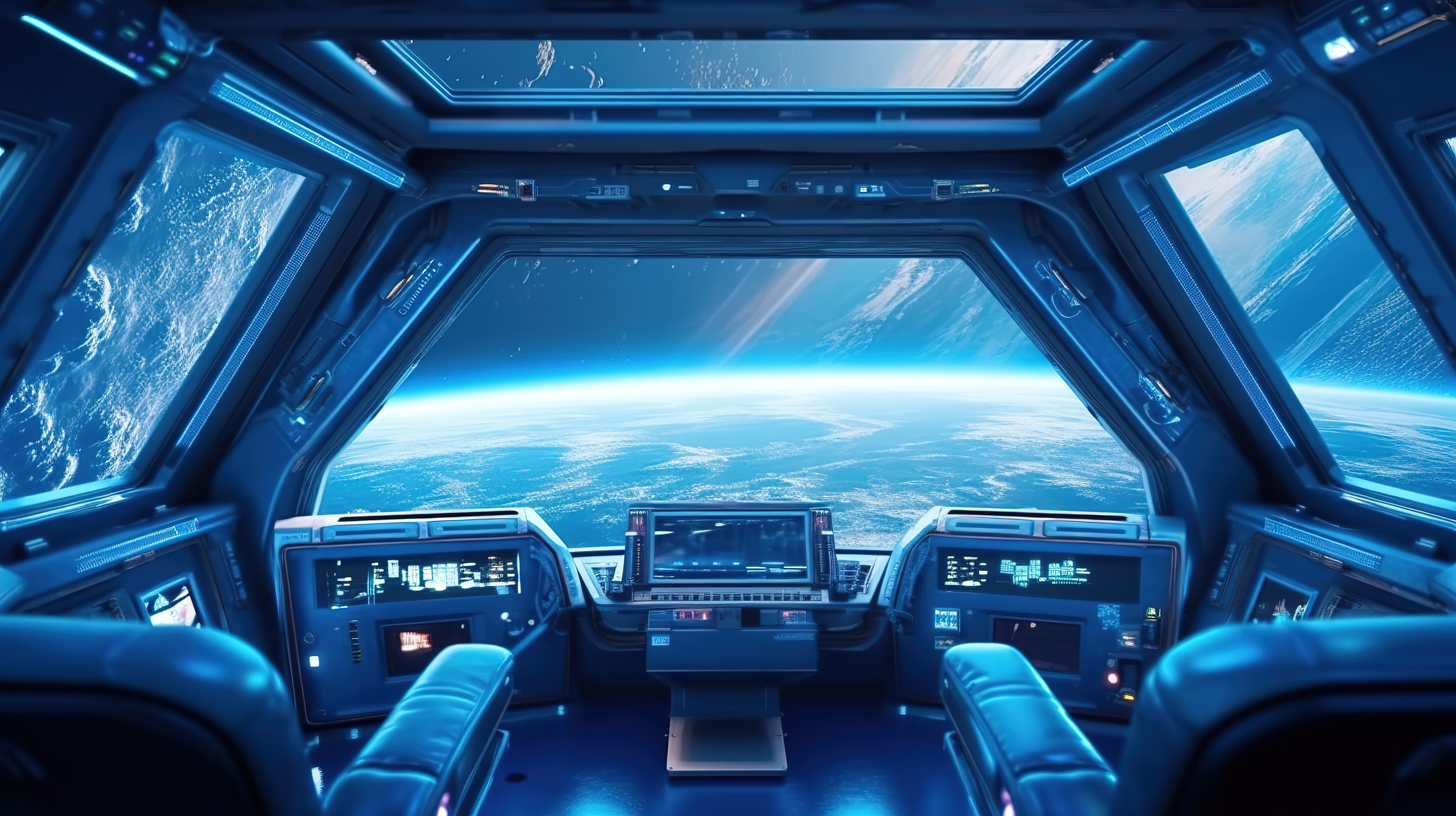 深蓝色宇宙飞船未来内部的 3D 渲染，带有地球的窗户视图图片