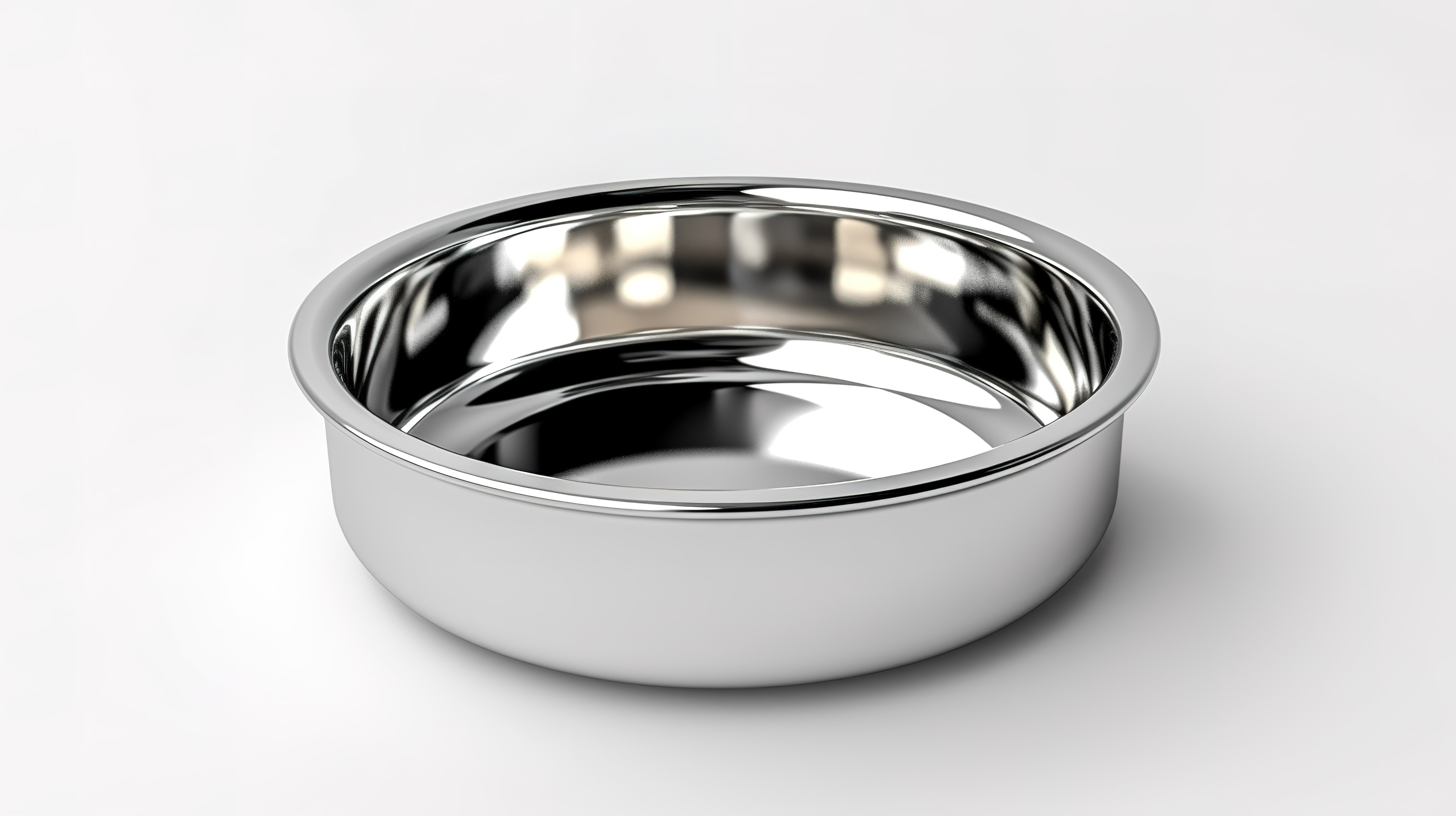 白色背景的 3D 渲染，带有一个空的不锈钢碗，供猫狗和其他宠物使用图片