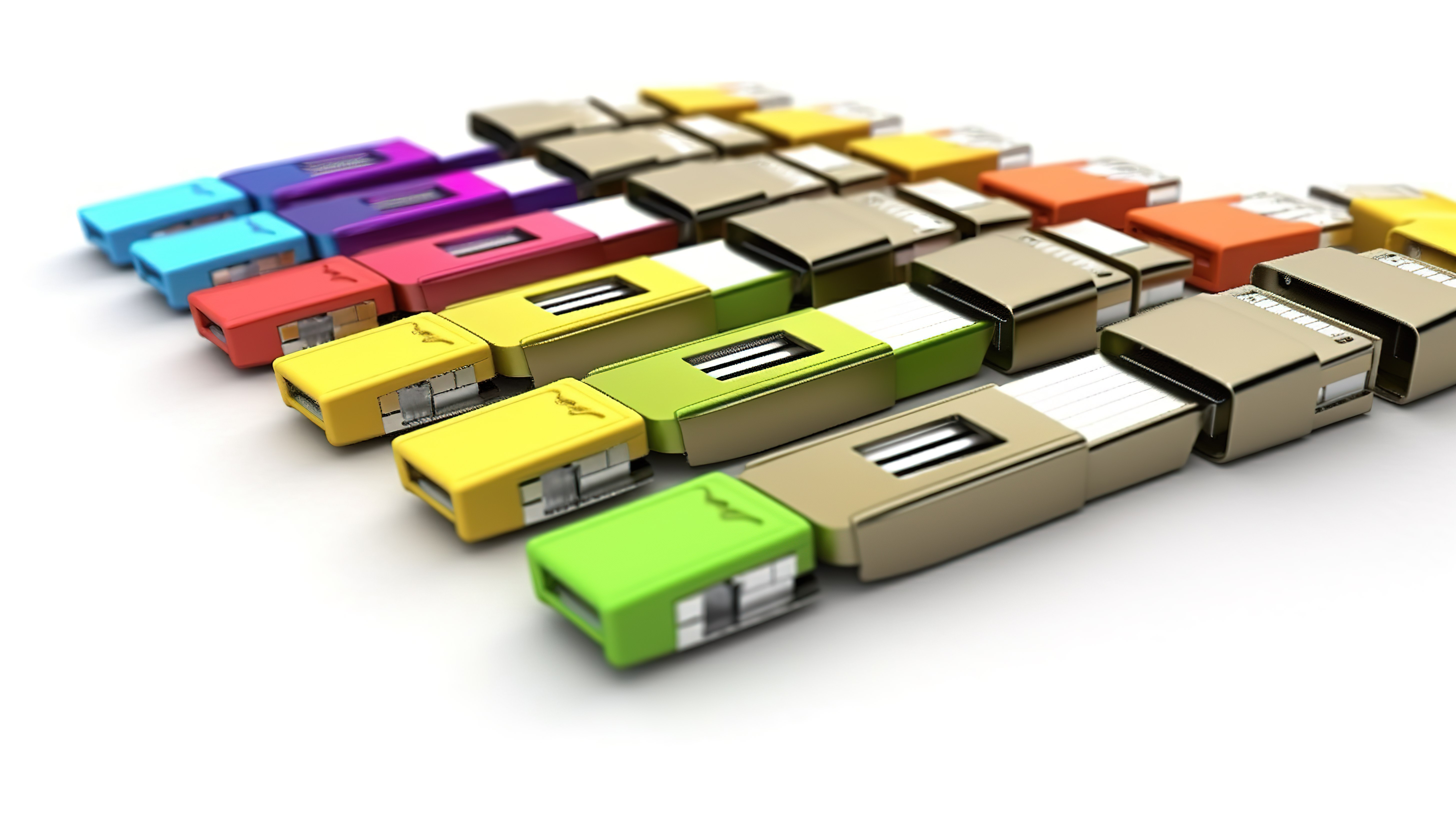 现代商业理念各种办公文件夹存储在白色背景的 USB 闪存驱动器中图片