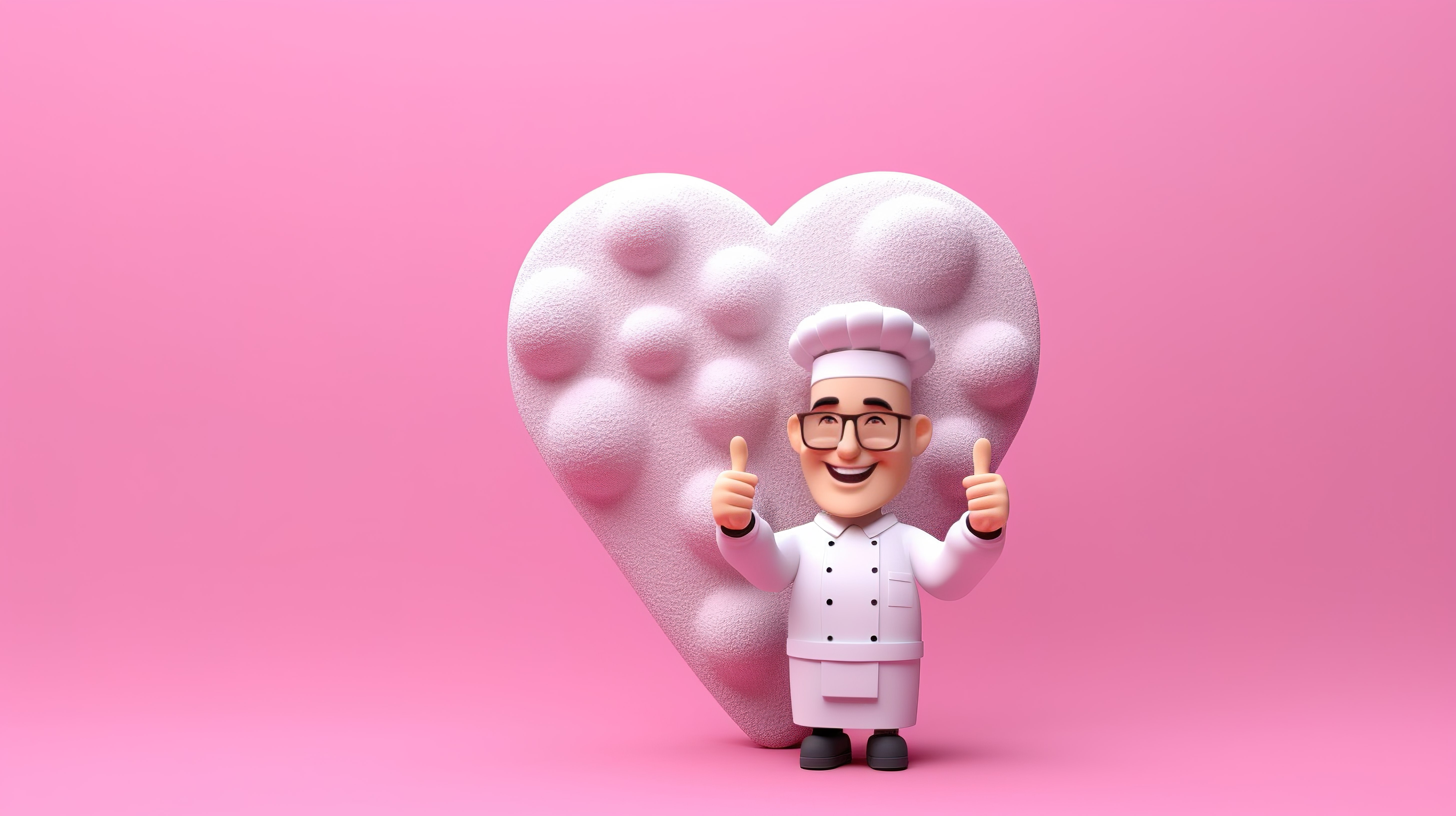 可爱的厨师面包师或咖啡师在粉红色 3D 背景上用心泡演讲竖起大拇指图片