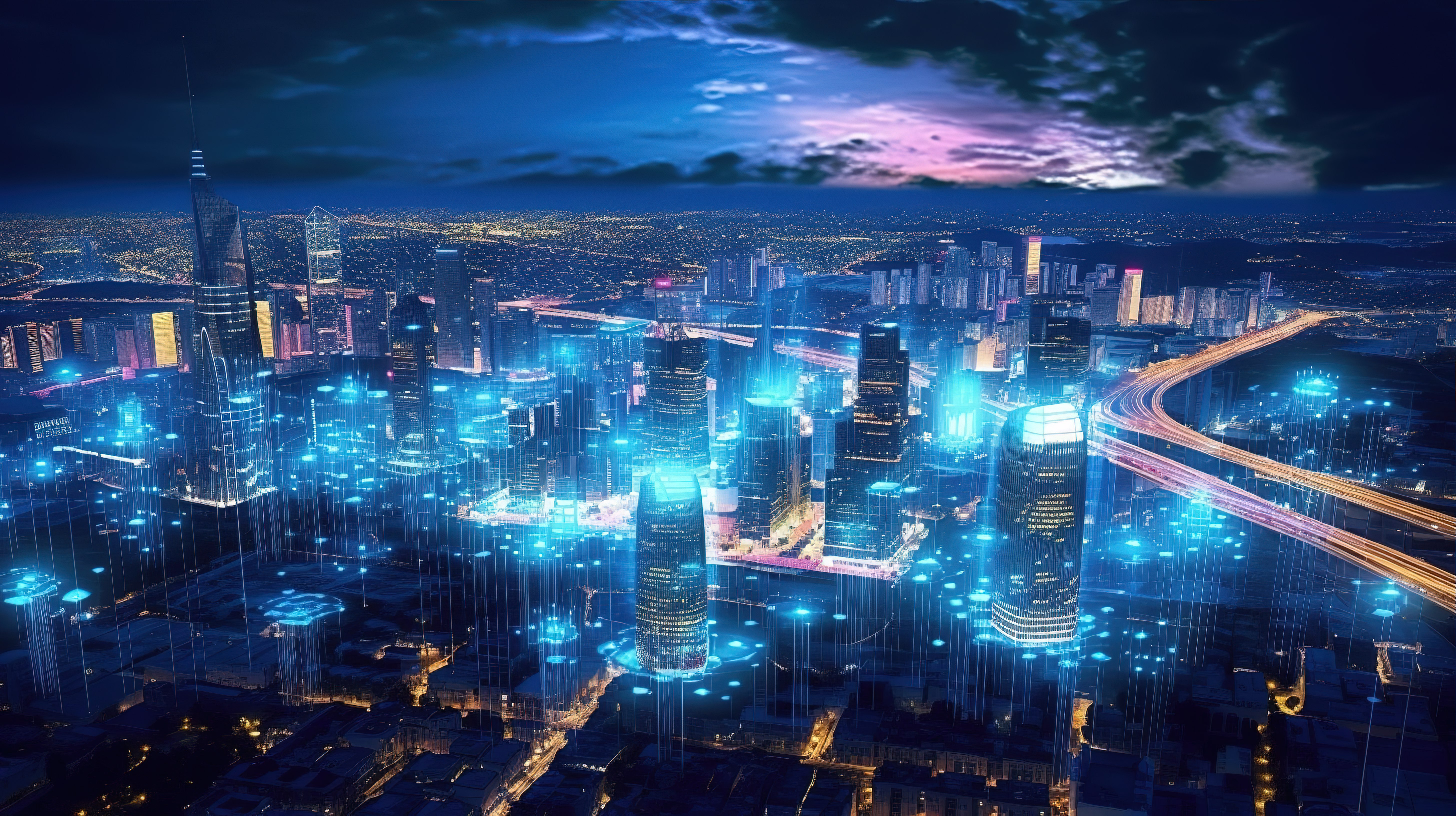 以大数据人工智能和物联网为特色的技术先进大都市的 3D 表示图片