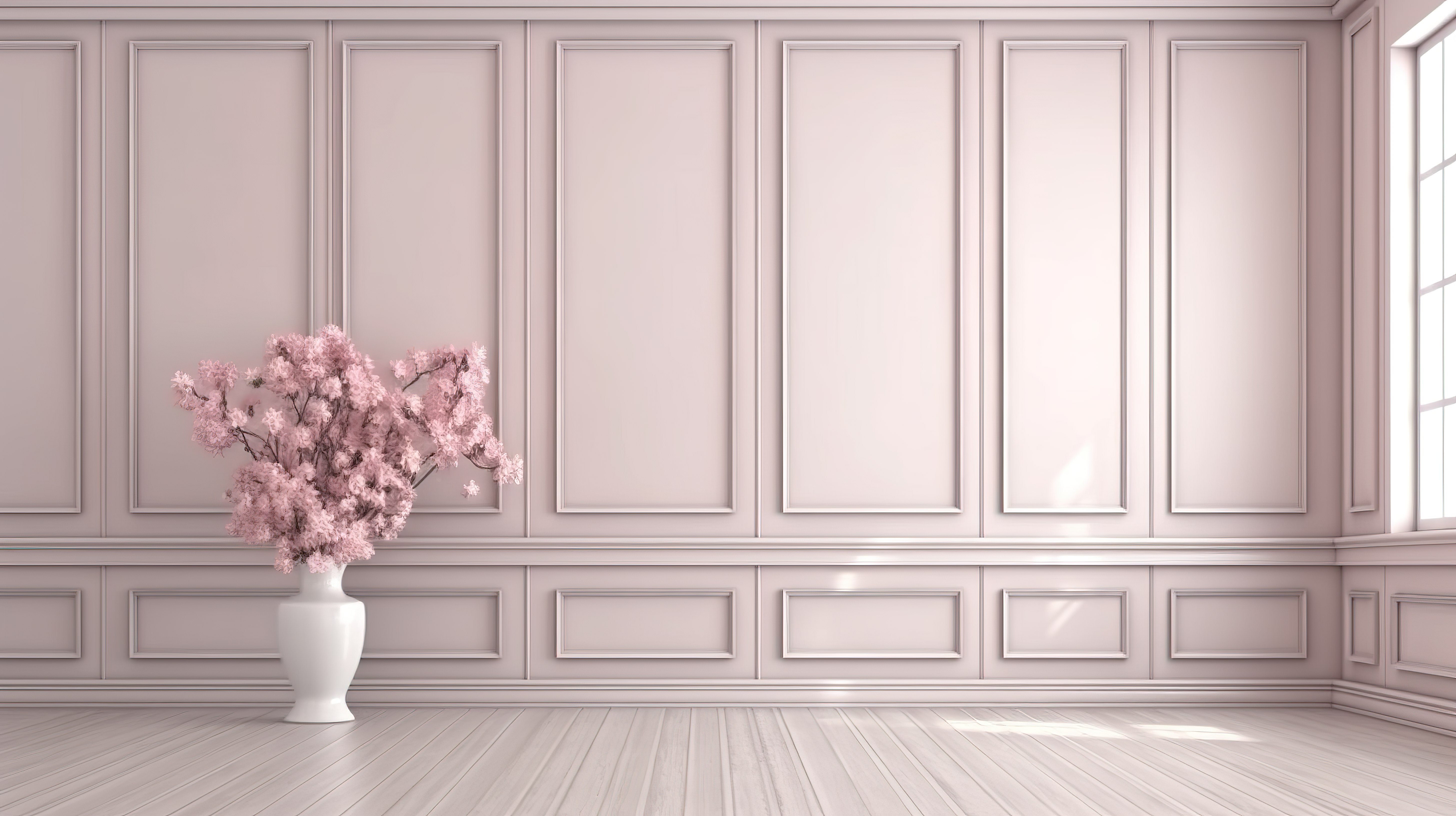 简约别致的房间布置稀疏，配有现代粉色墙板金属花瓶干燥植物和令人惊叹的 3D 白色木地板图片