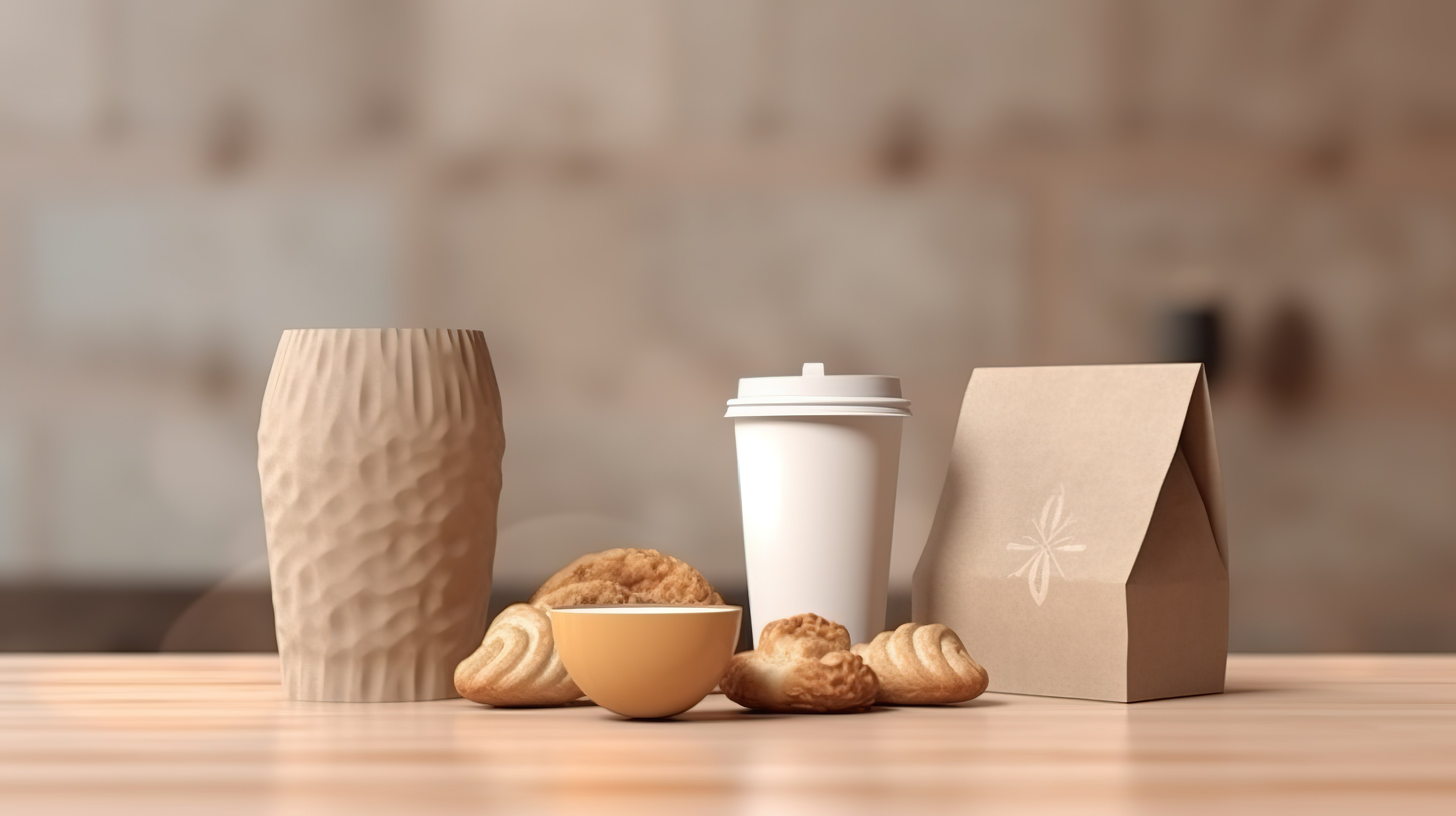 一对夫妇拿着咖啡杯和零食袋去的 3D 渲染图片