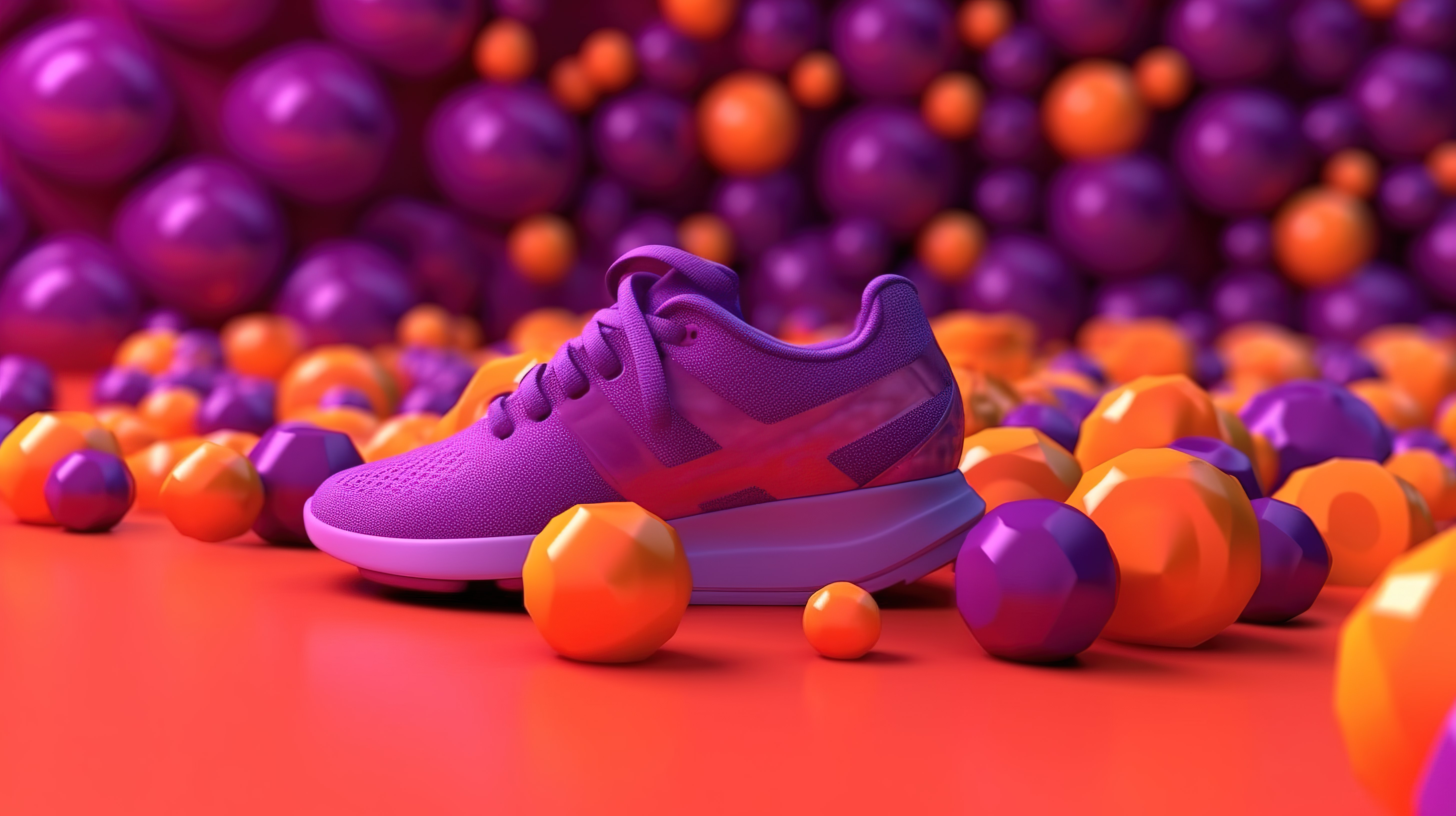 紫色背景 3d 渲染上的彩色球环绕哑铃跑鞋和橙色毛巾图片
