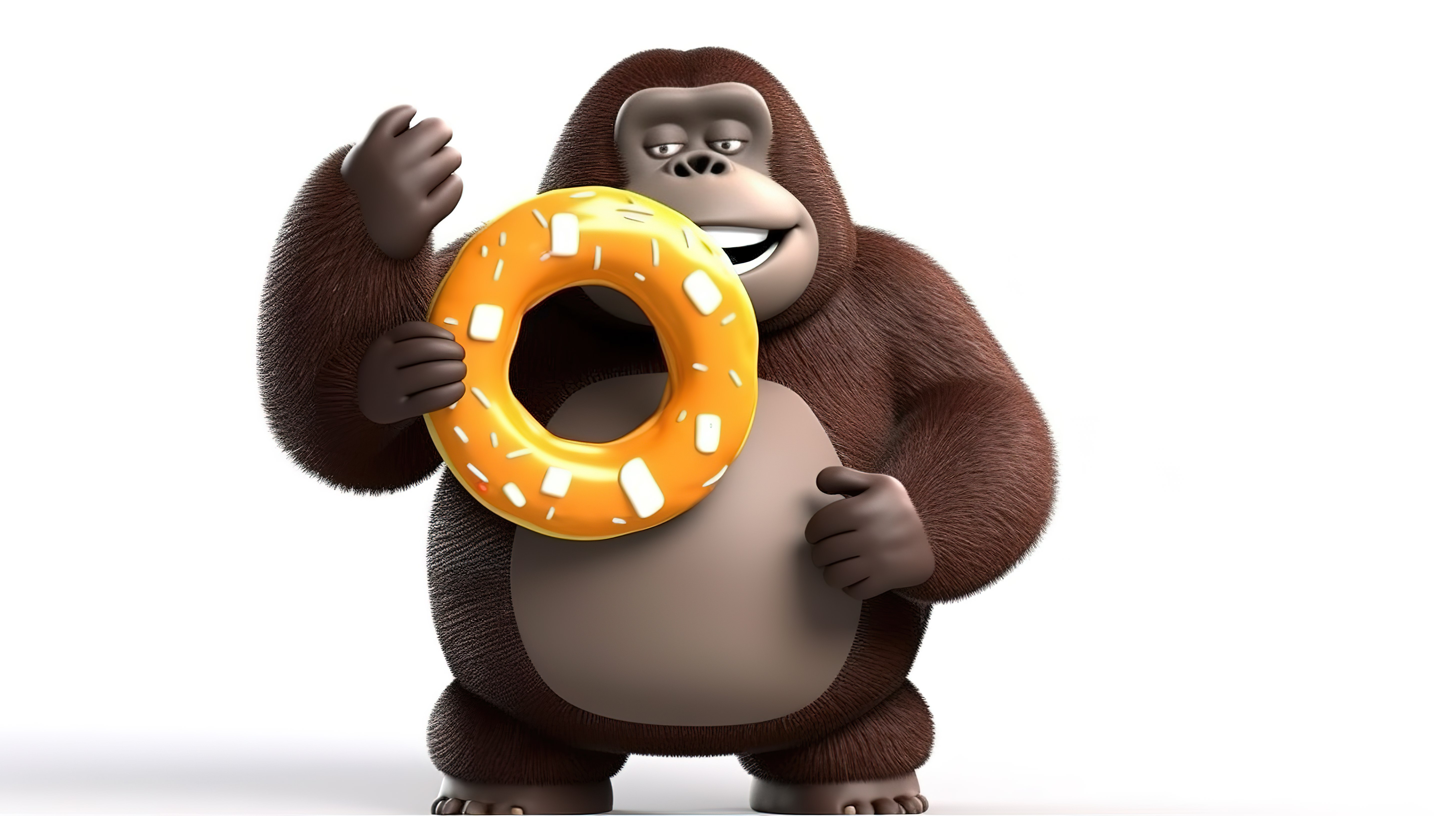 搞笑的 3D 肥胖大猩猩，手里拿着一个标志和一个甜甜圈图片
