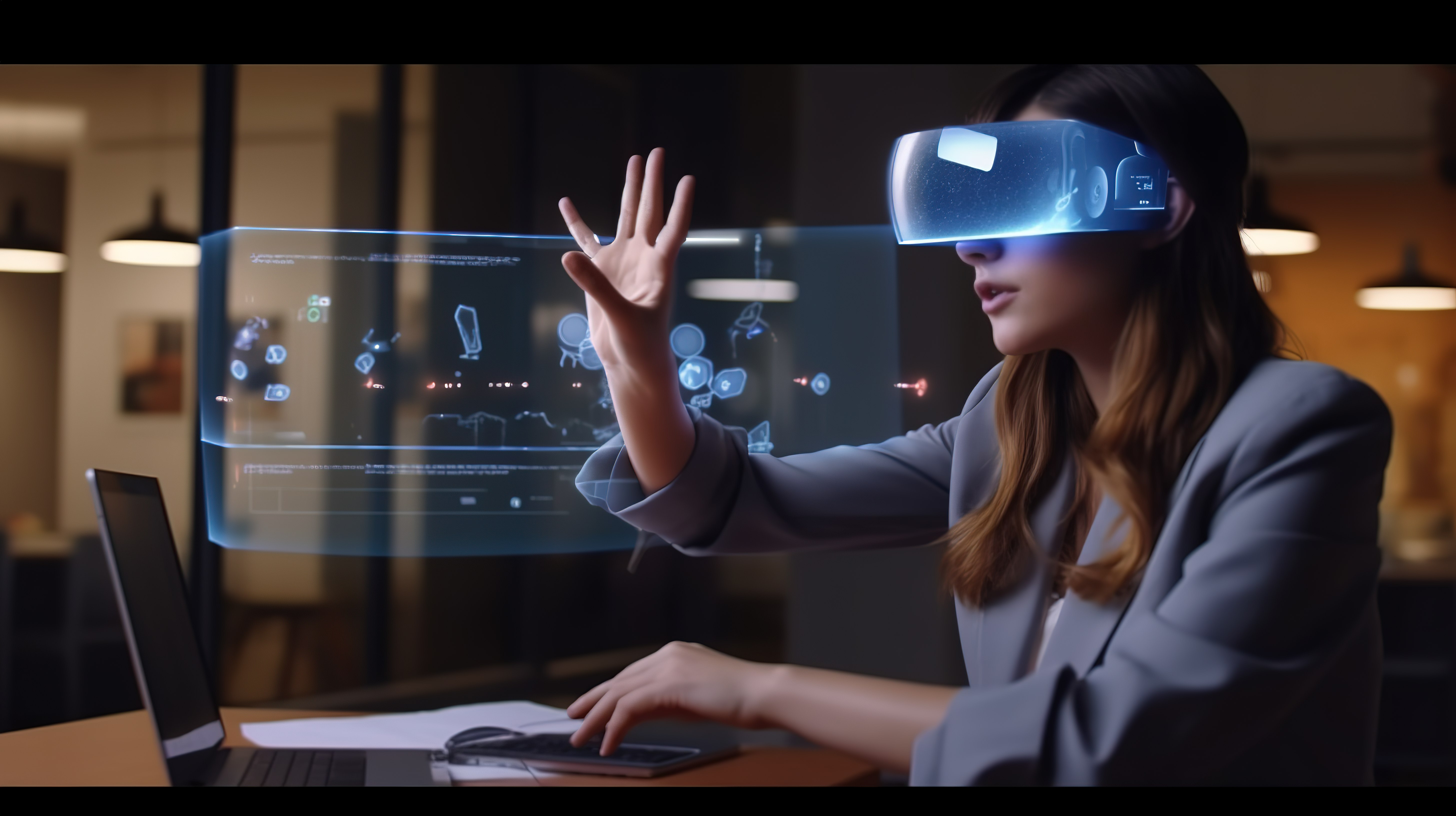 戴虚拟现实耳机的女性在远程工作时与笔记本电脑上的 3D 对象交互图片