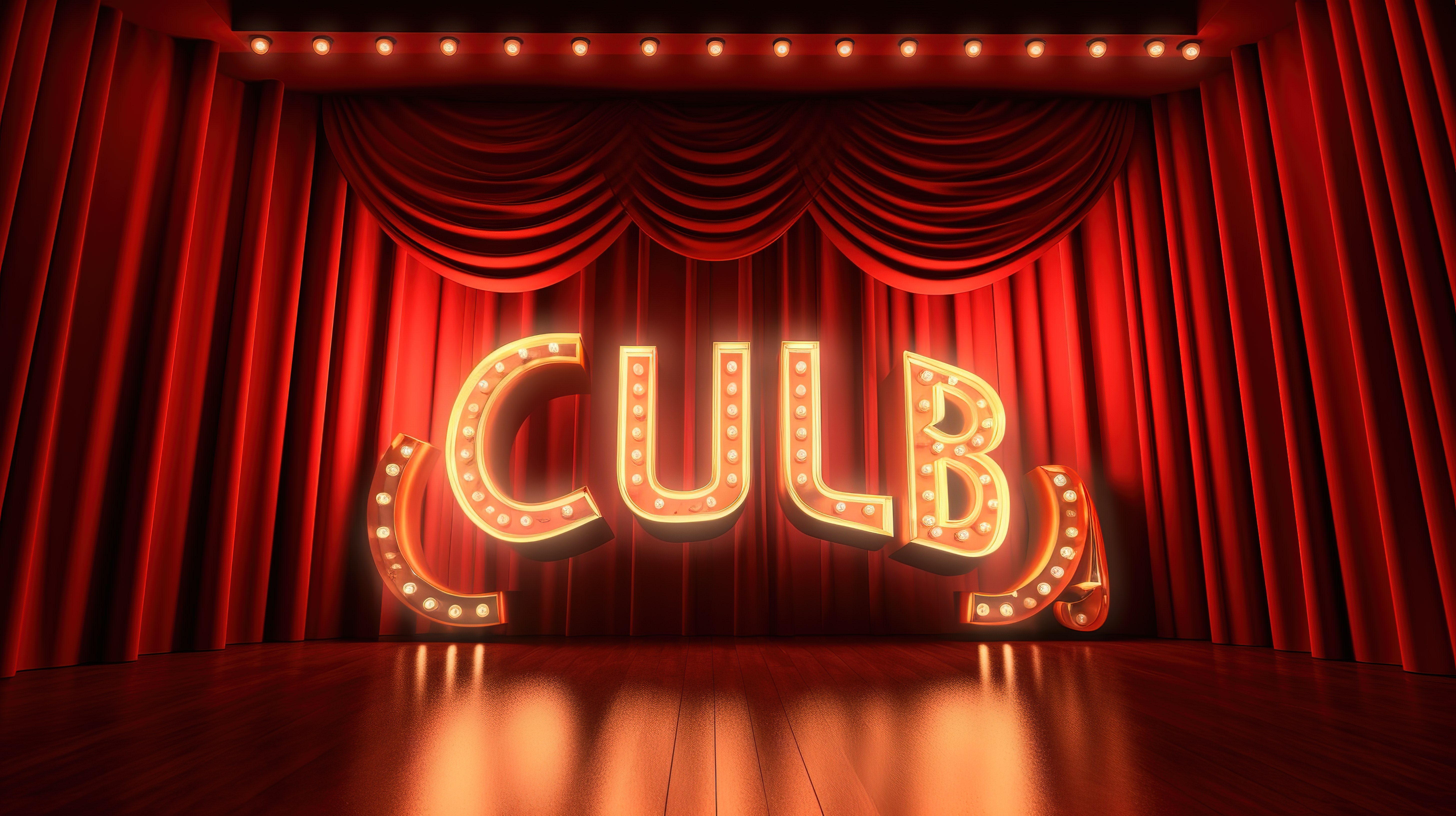 俱乐部标志的 3D 渲染，带有照明灯泡和红色剧院窗帘上的粗体字母图片