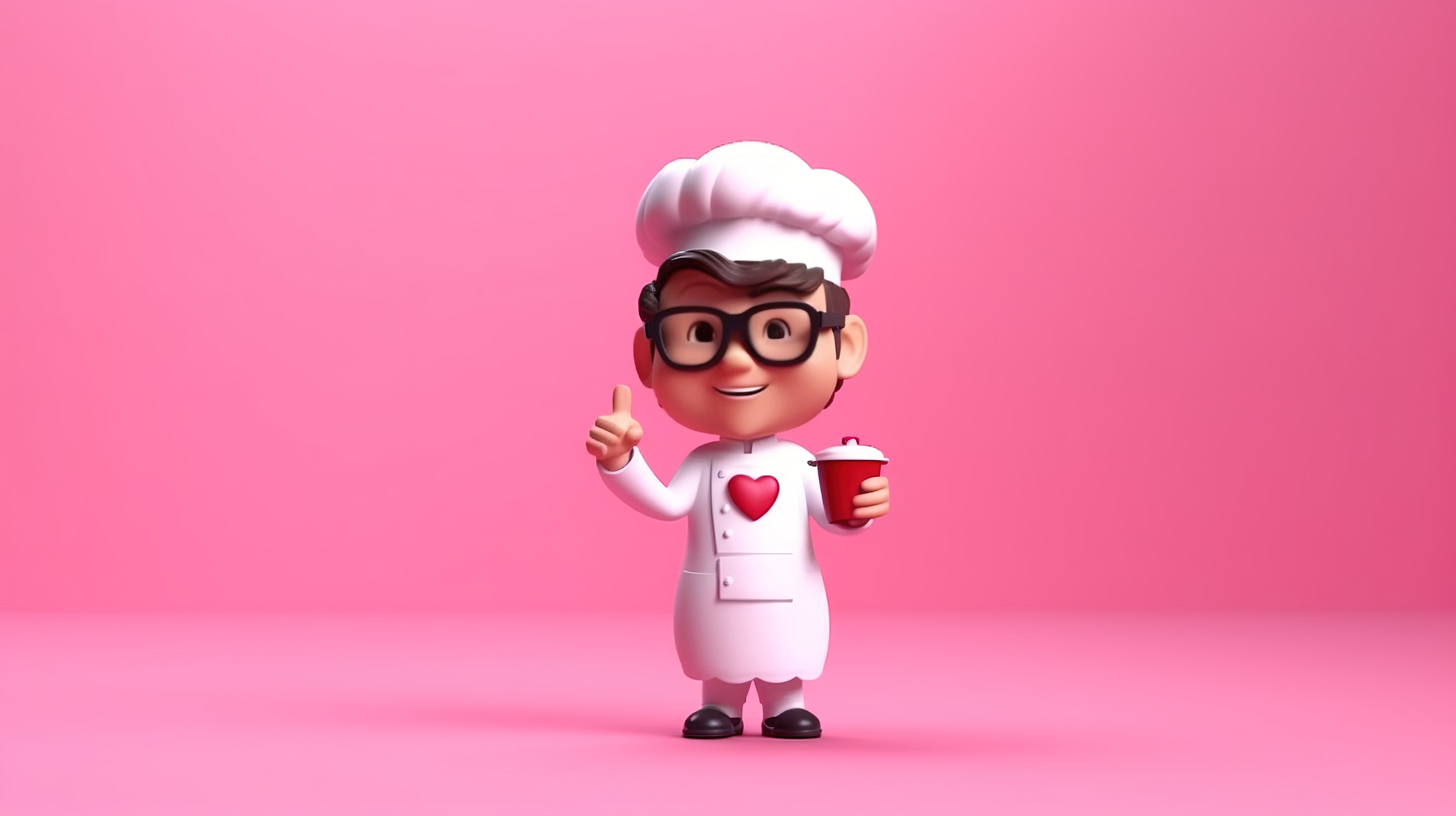 可爱的烹饪专业人士在粉红色背景 3D 渲染图像上竖起大拇指和迷你心形气泡演讲图片
