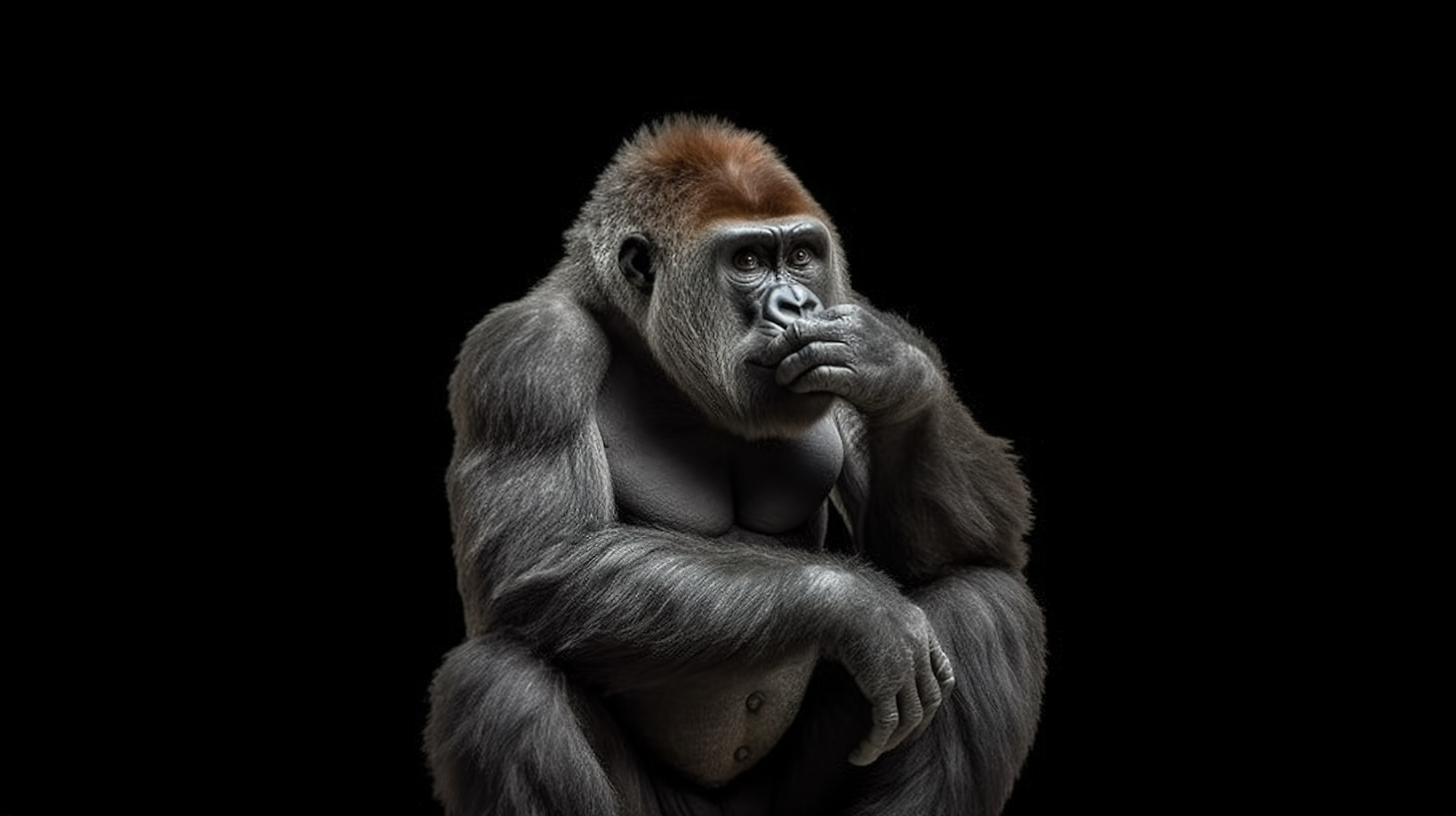 一只焦虑的 3D 大猩猩在一旁思考，有一个有趣的转折图片