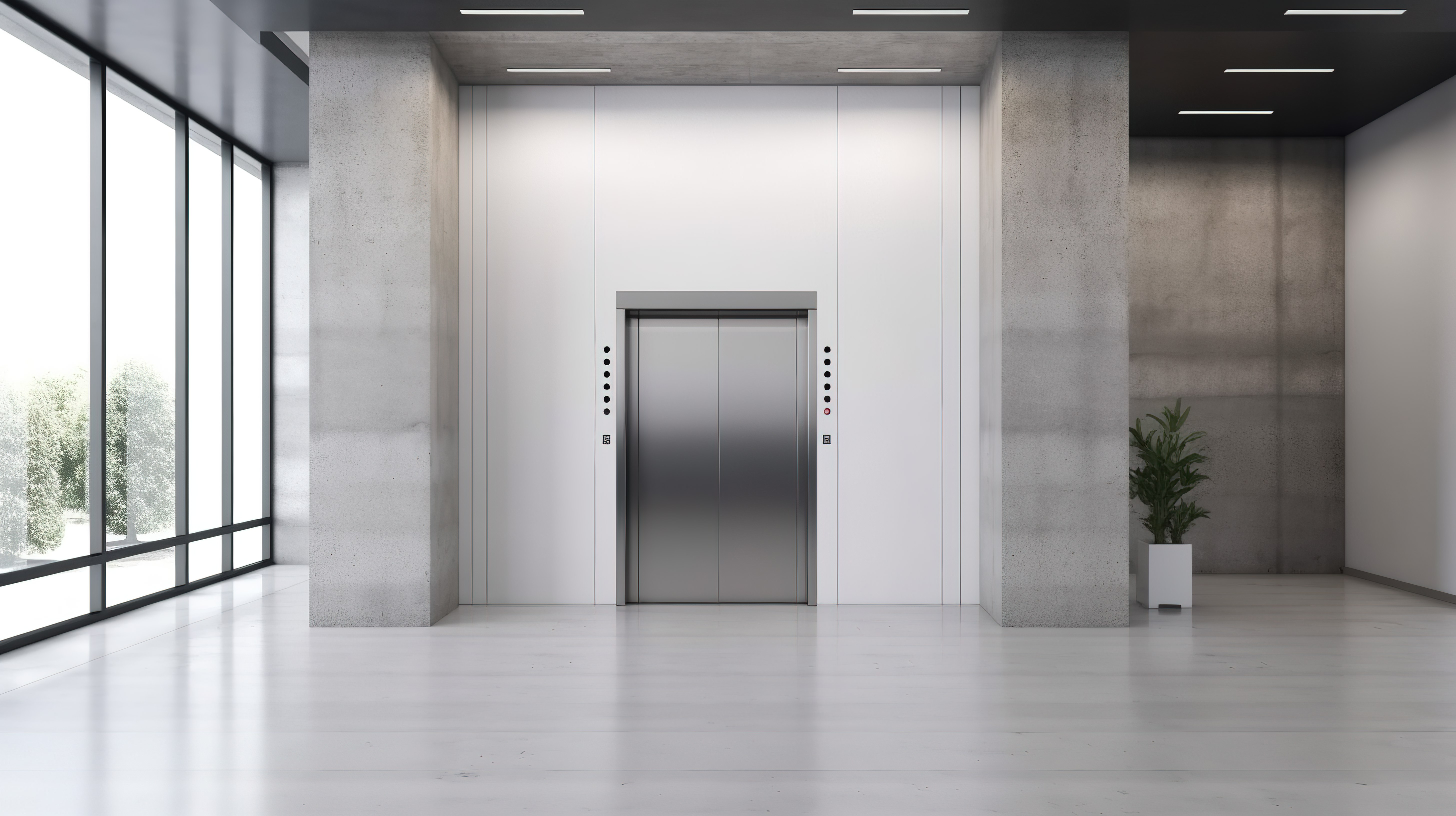 空荡荡的商务中心大厅混凝土墙上现代电梯和空白白色海报的 3D 渲染模型图片