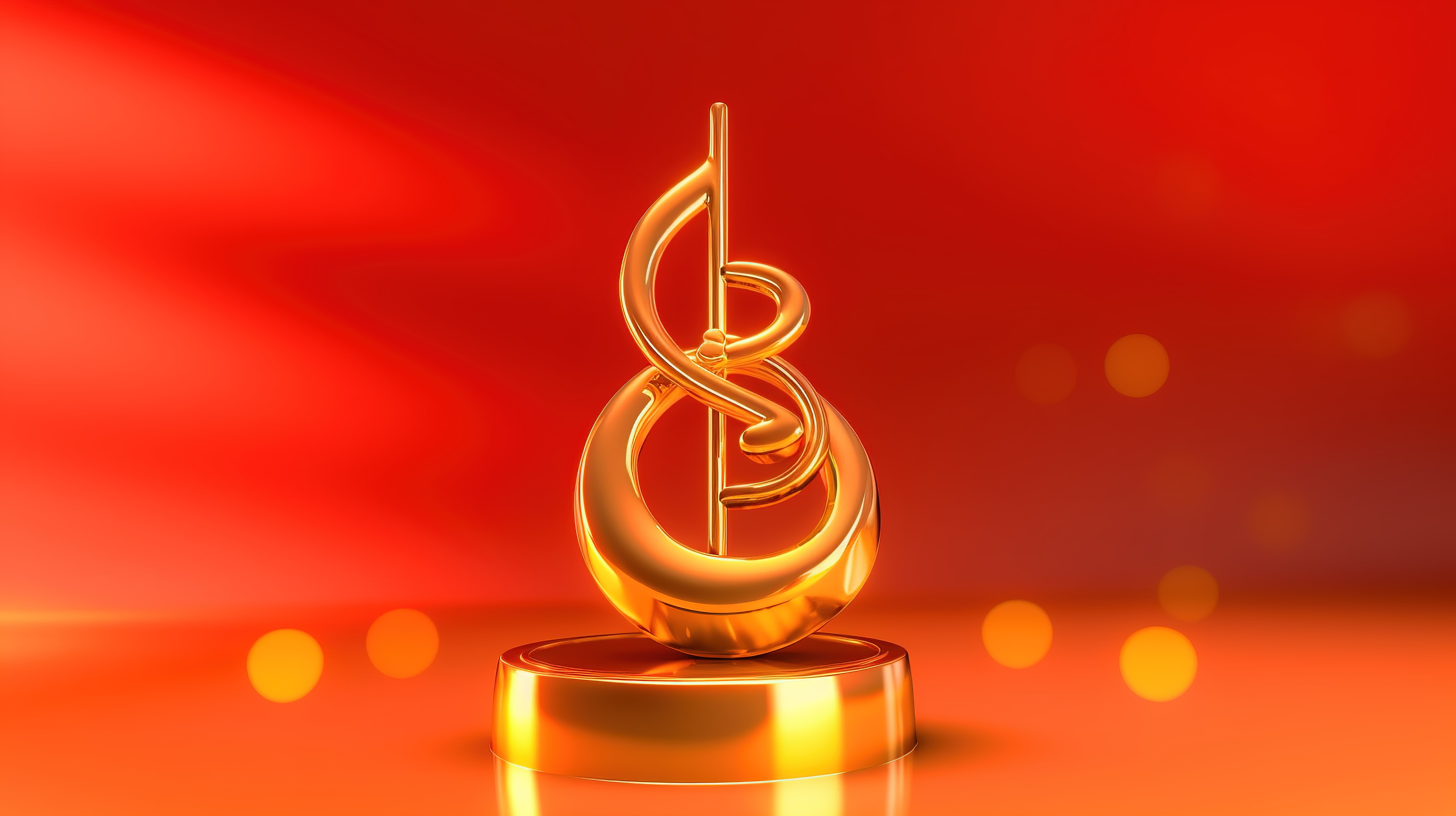 音乐颁奖典礼的大胆红色背景上的金色高音谱号的 3D 插图图片
