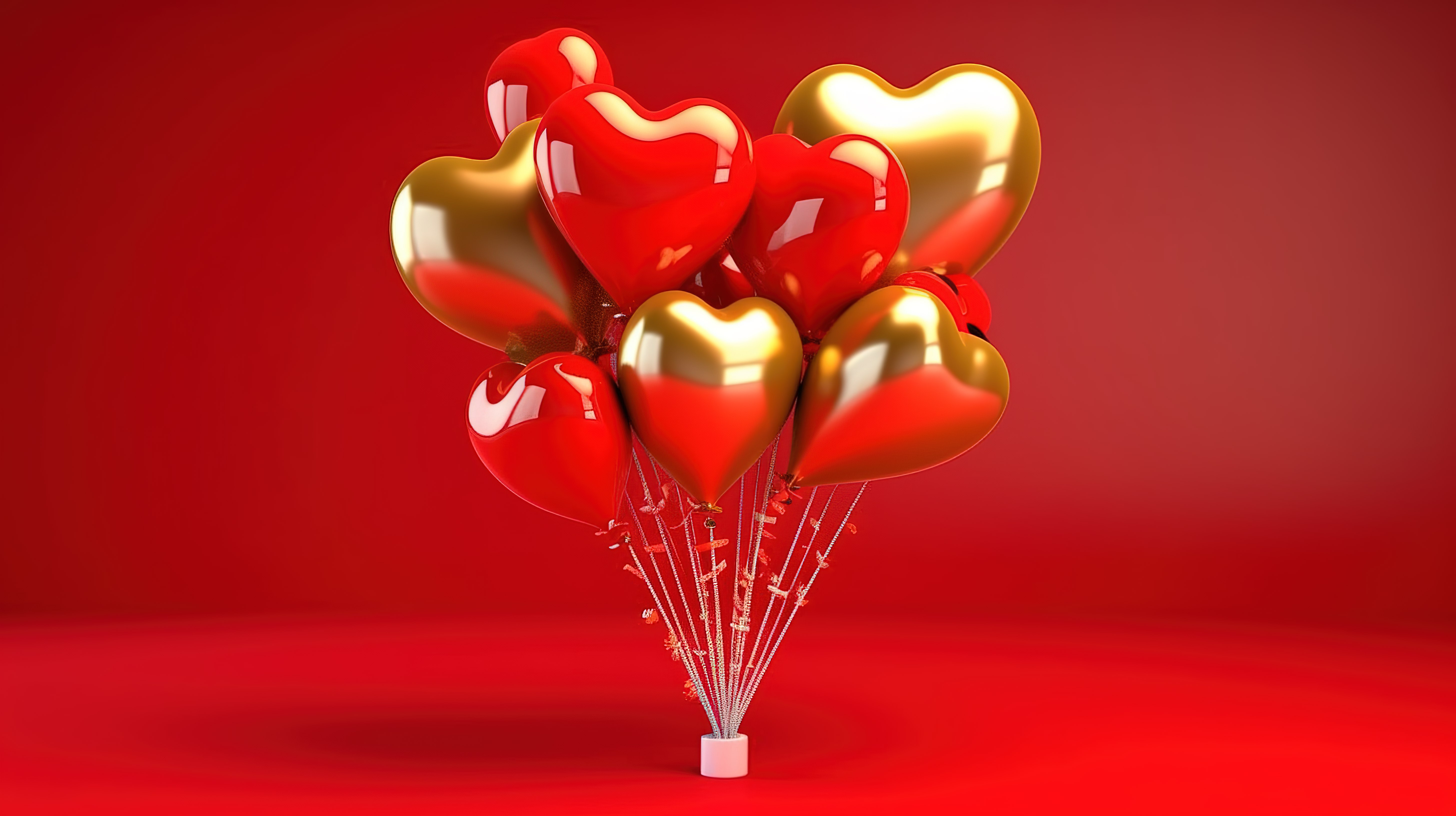 情人节红色背景上的 3d 心形和球装饰字体，配有金色气球图片