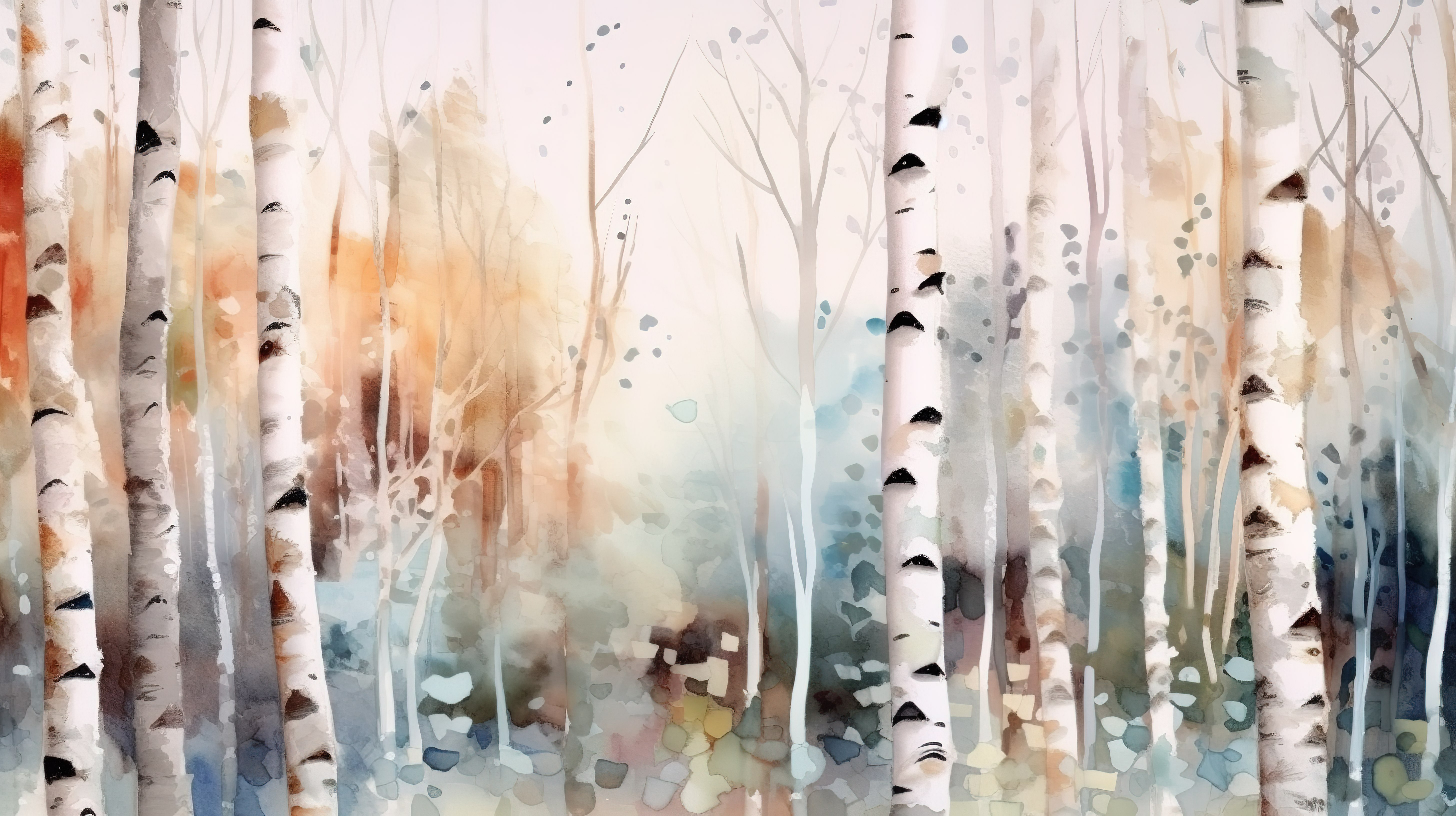 冬季白桦林抽象背景水彩画笔描边和 3D 树干的图形混合图片