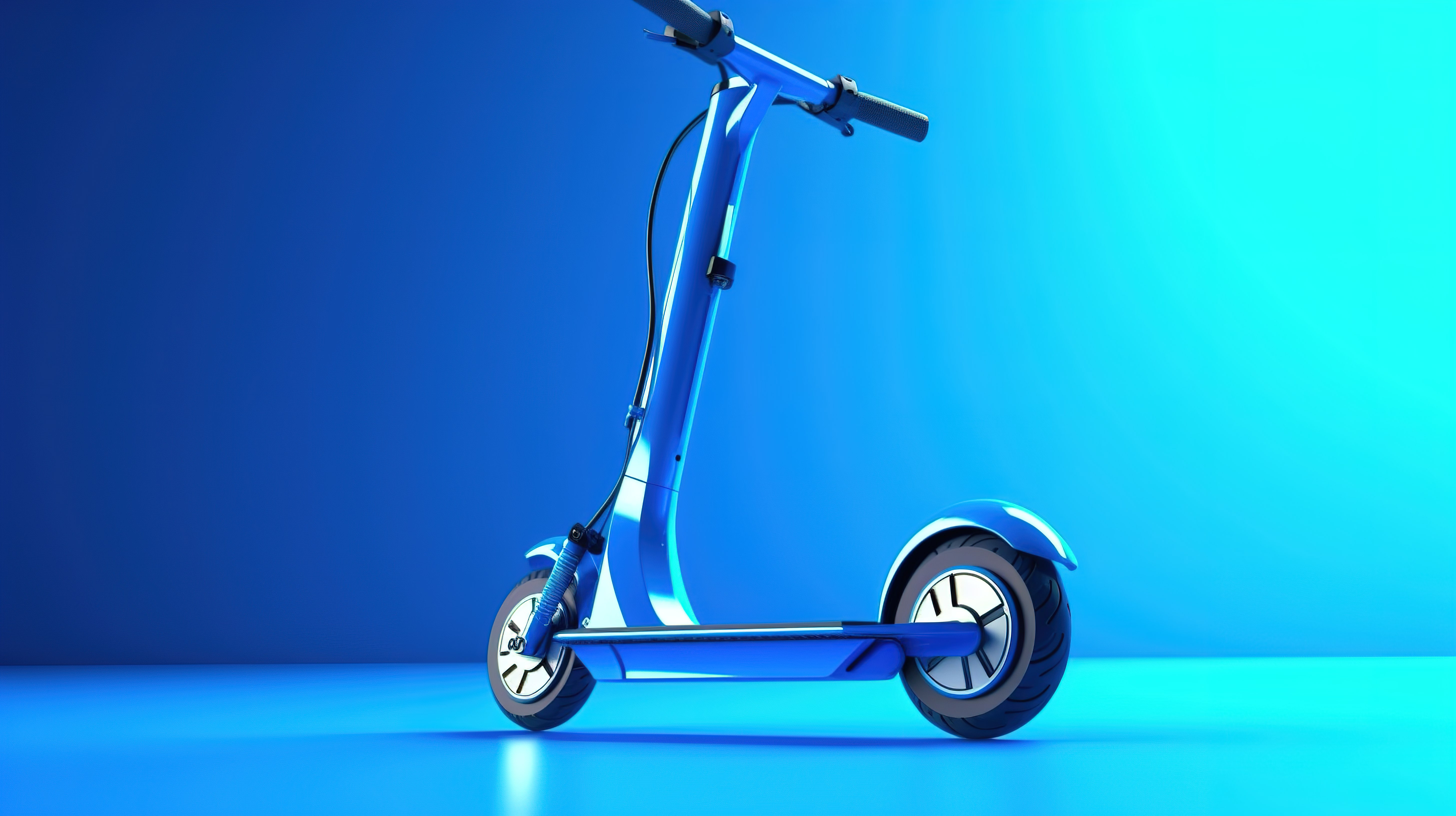 时尚且可持续的蓝色双色调电动滑板车，在 3D 呈现的充满活力的背景上图片