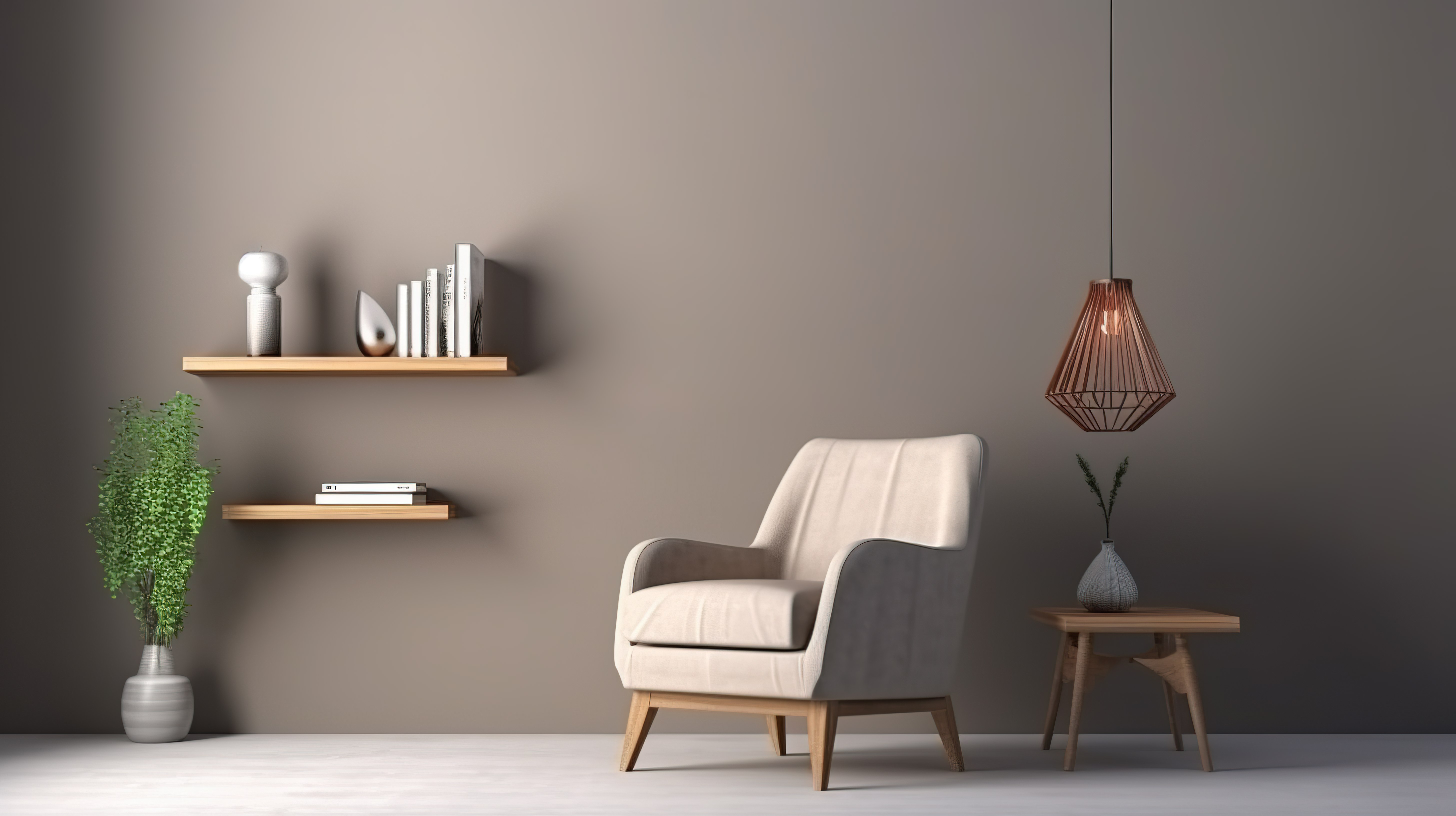 灰色墙壁 3d 渲染上配有扶手椅吊灯和书架的简单空间图片