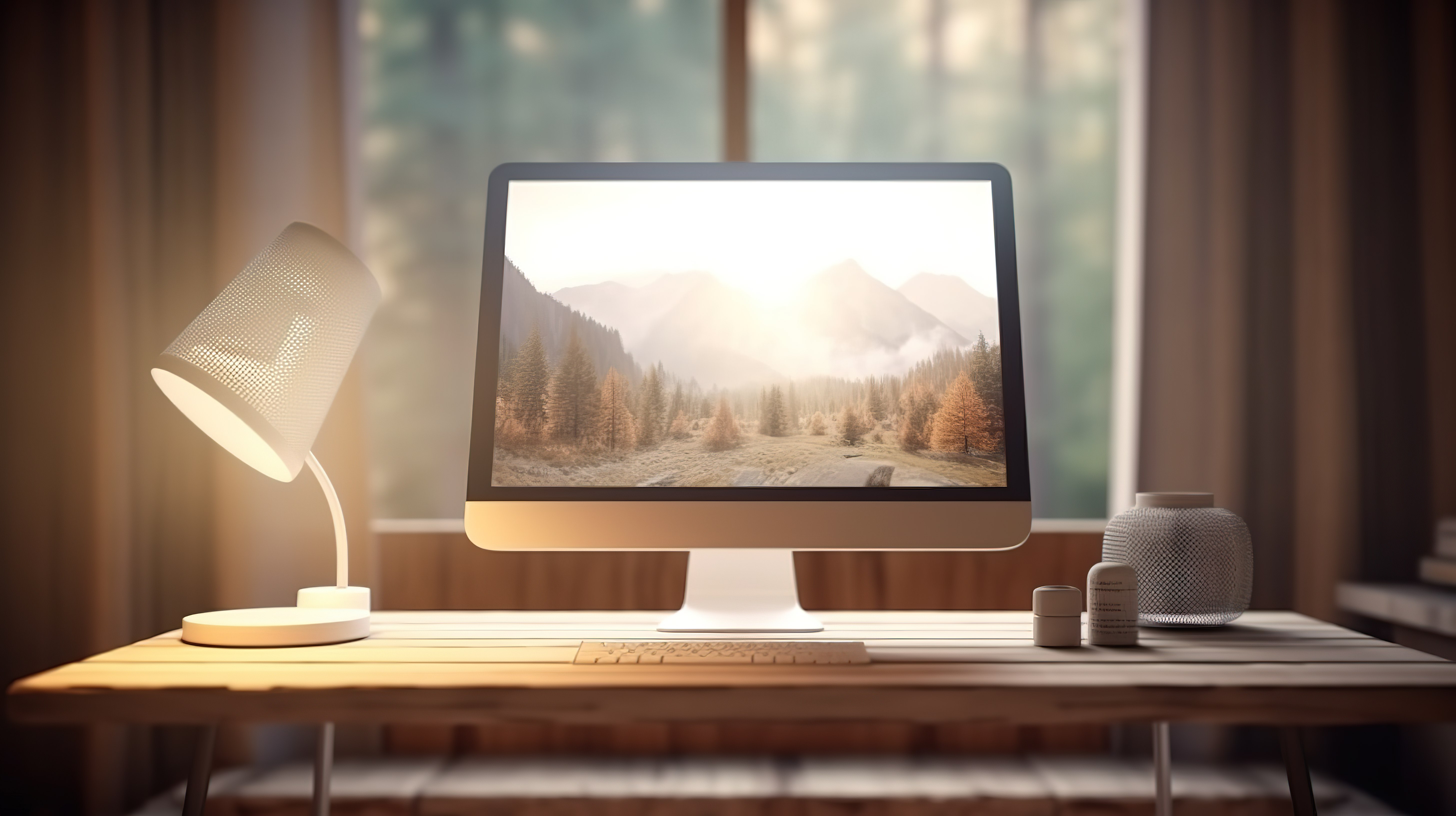 木桌设置，配有大屏幕平板电脑键盘盒和 Windows 背景 3D 渲染的白灯图片