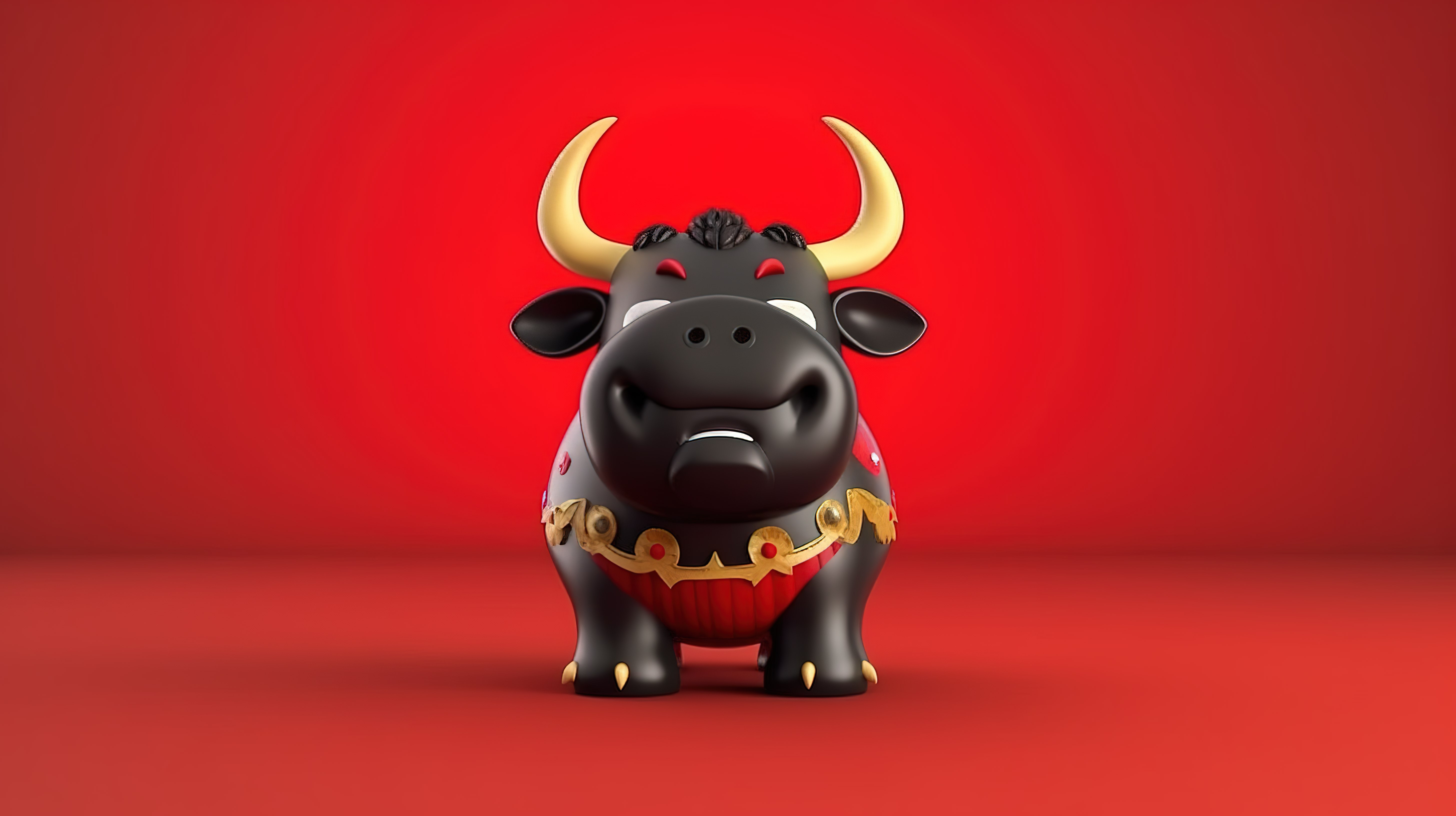 可爱的 3D 渲染陶瓷黑牛隔离在充满活力的红色背景图片