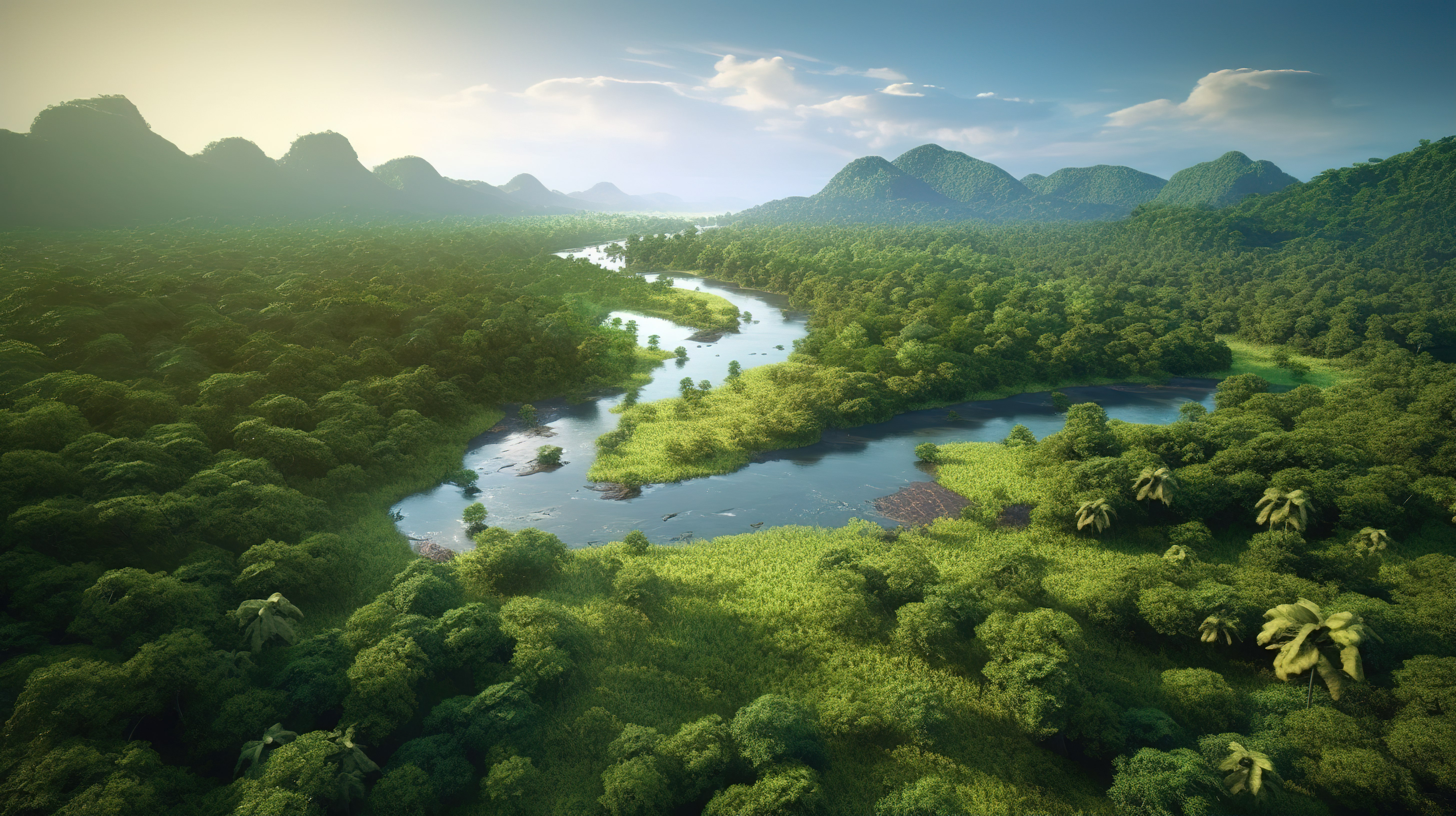 从鸟瞰图欣赏热带雨林和河流景观的令人惊叹的 3D 插图图片